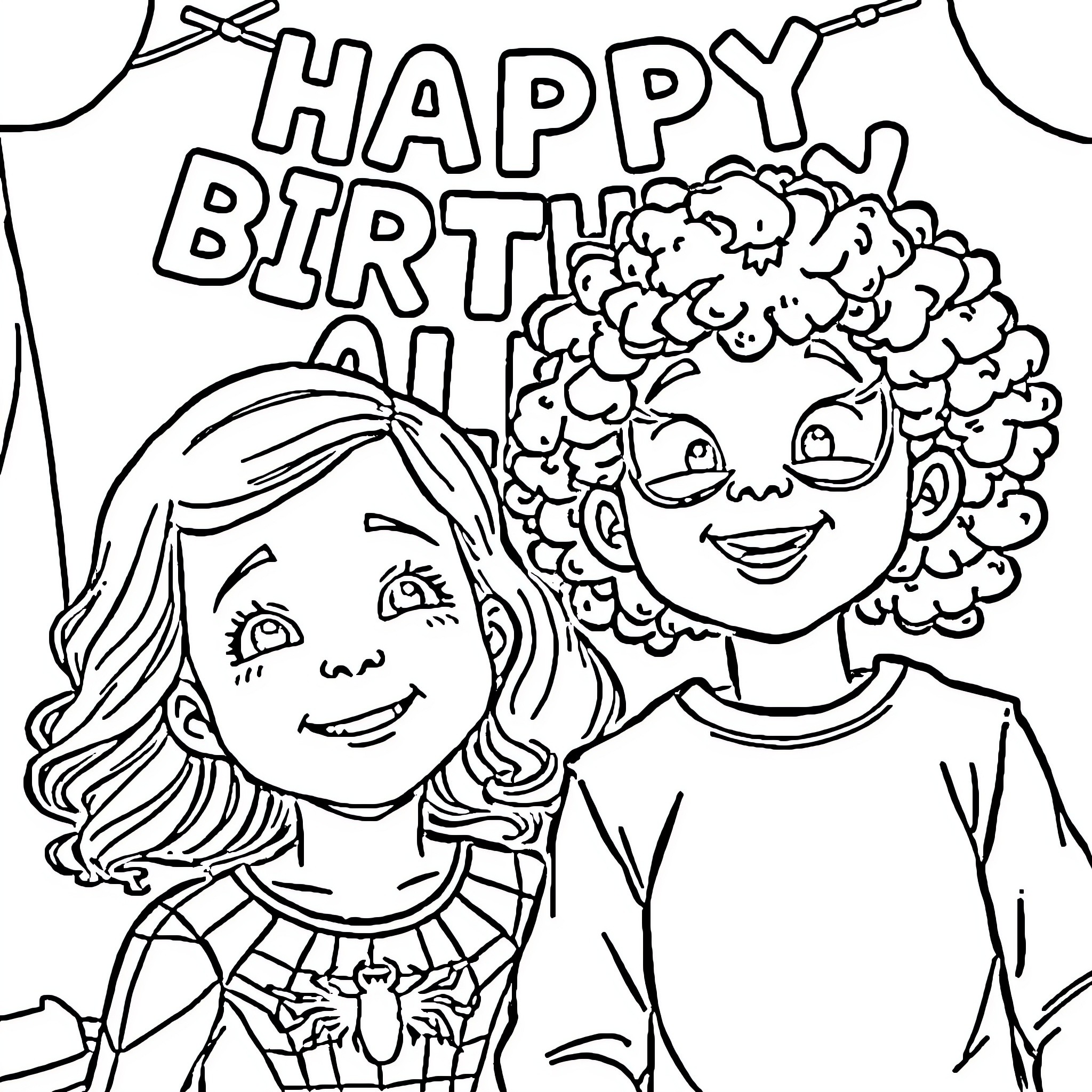 Child friends celebrate happy birthday together Coloring Page (free black-and-white line drawing printable PDF for all, from beginners to advanced learners, including children, teens, adults, and seniors)