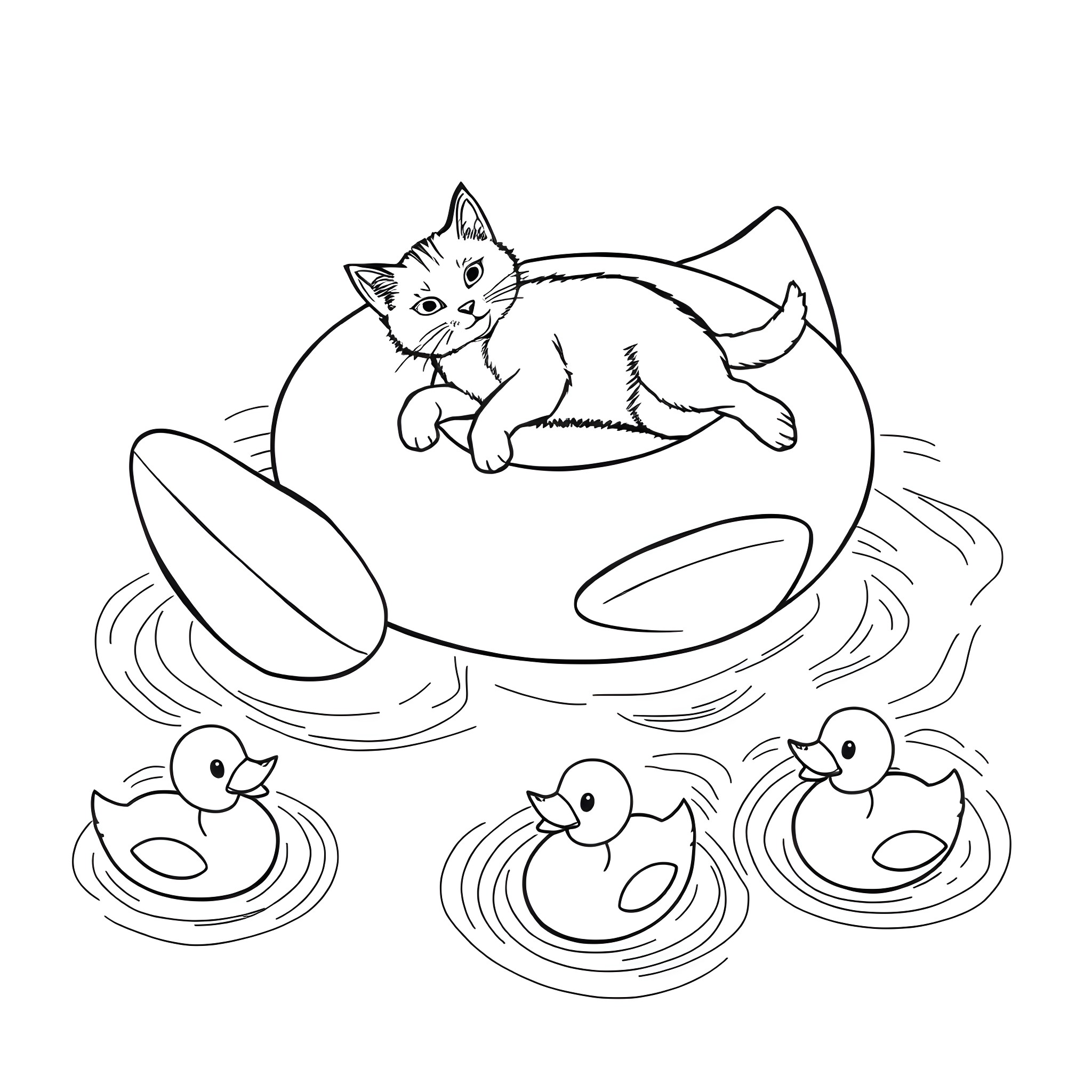 Cat relaxing in a bubble bath with ducklings Coloring Page (free black-and-white line drawing printable PDF for all, from beginners to advanced learners, including children, teens, adults, and seniors)
