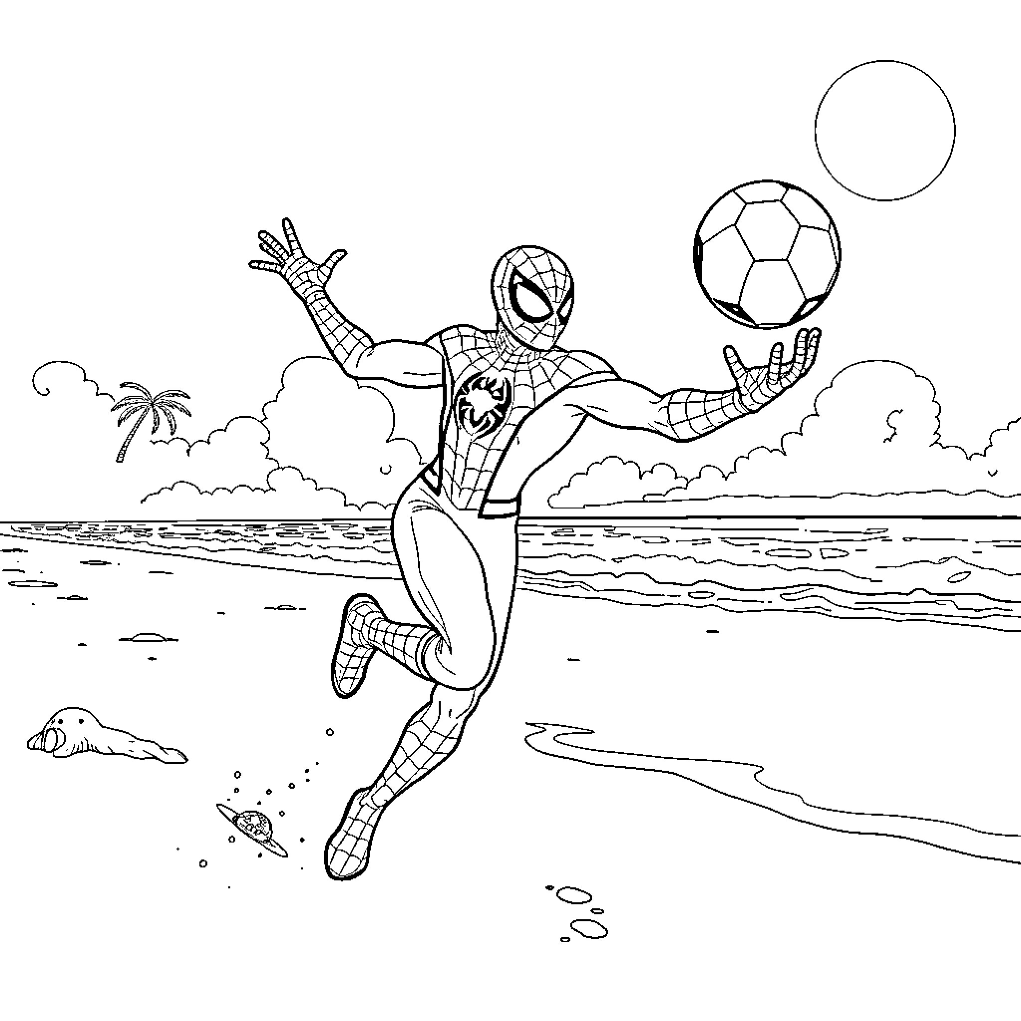 Spiderman playing with beach ball on tropical island Coloring Page (free black-and-white line drawing printable PDF for all, from beginners to advanced learners, including children, teens, adults, and seniors)