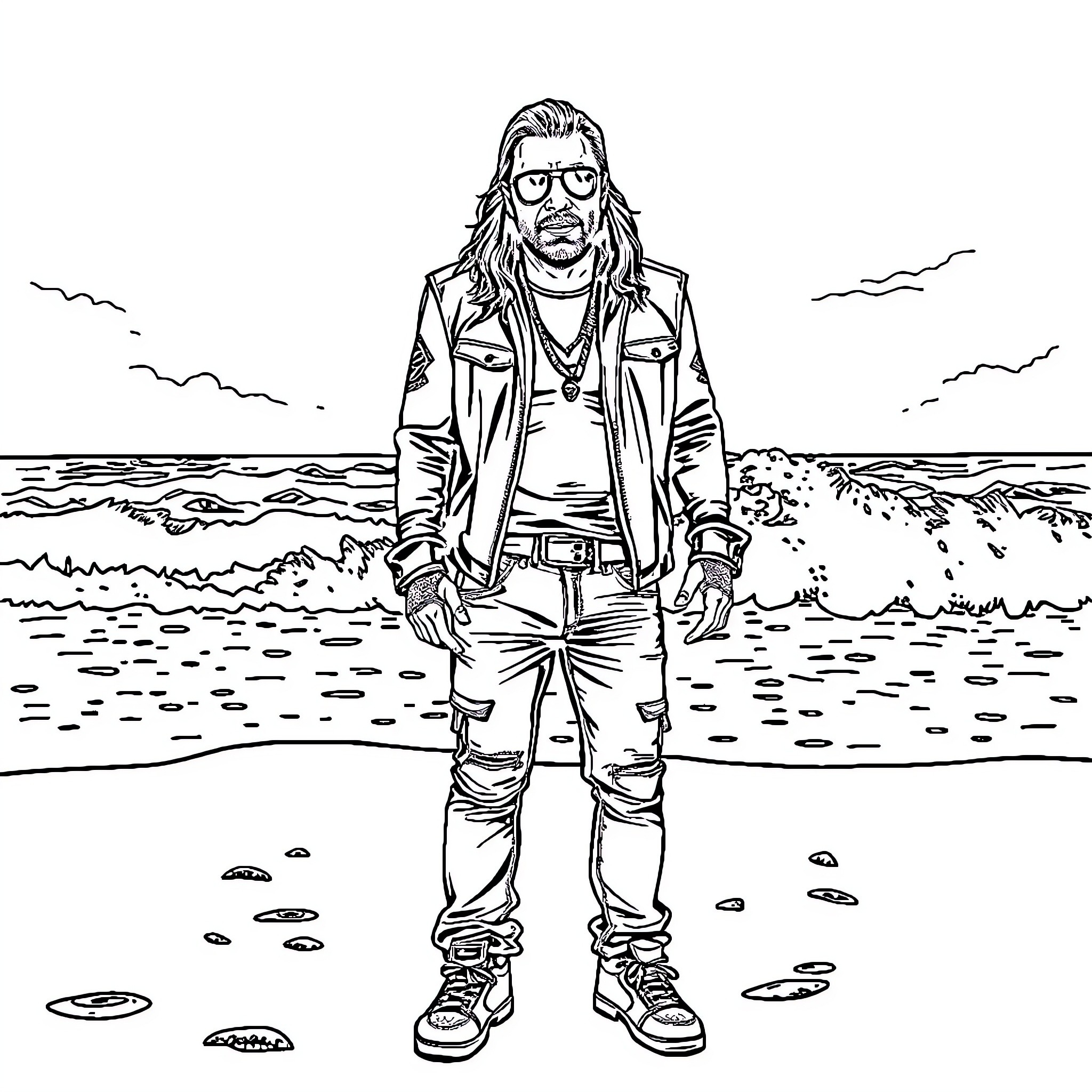 Axl Rose's rugged outdoor adventure Coloring Page (free black-and-white line drawing printable PDF for all, from beginners to advanced learners, including children, teens, adults, and seniors)