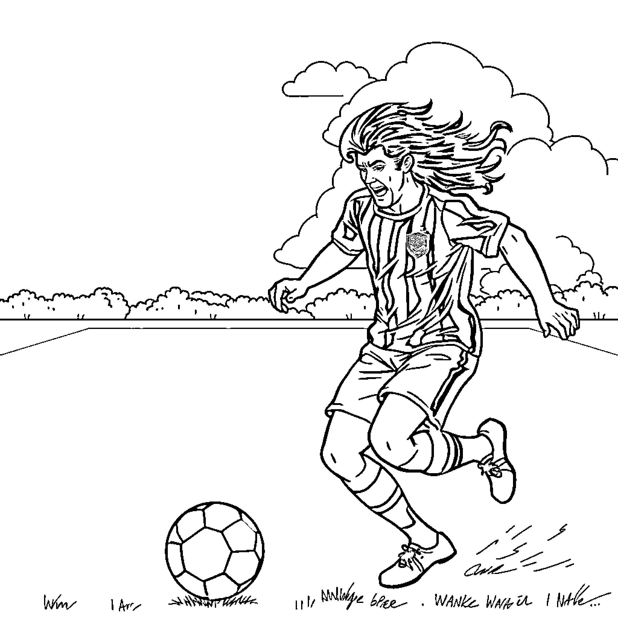Superman playing soccer joyfully in the park Coloring Page (free black-and-white line drawing printable PDF for all, from beginners to advanced learners, including children, teens, adults, and seniors)