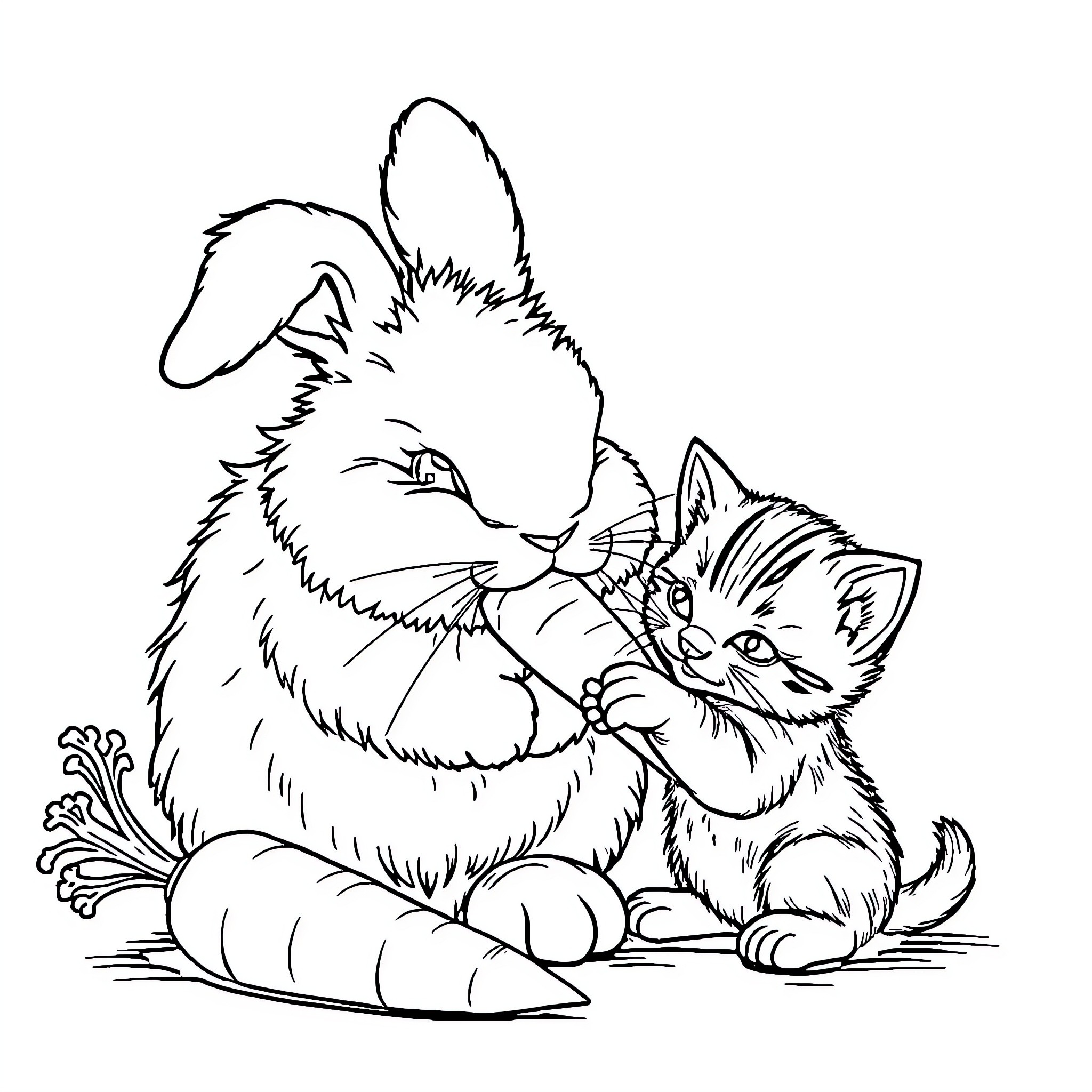 Bunny comforting curious kitten Coloring Page (free black-and-white line drawing printable PDF for all, from beginners to advanced learners, including children, teens, adults, and seniors)