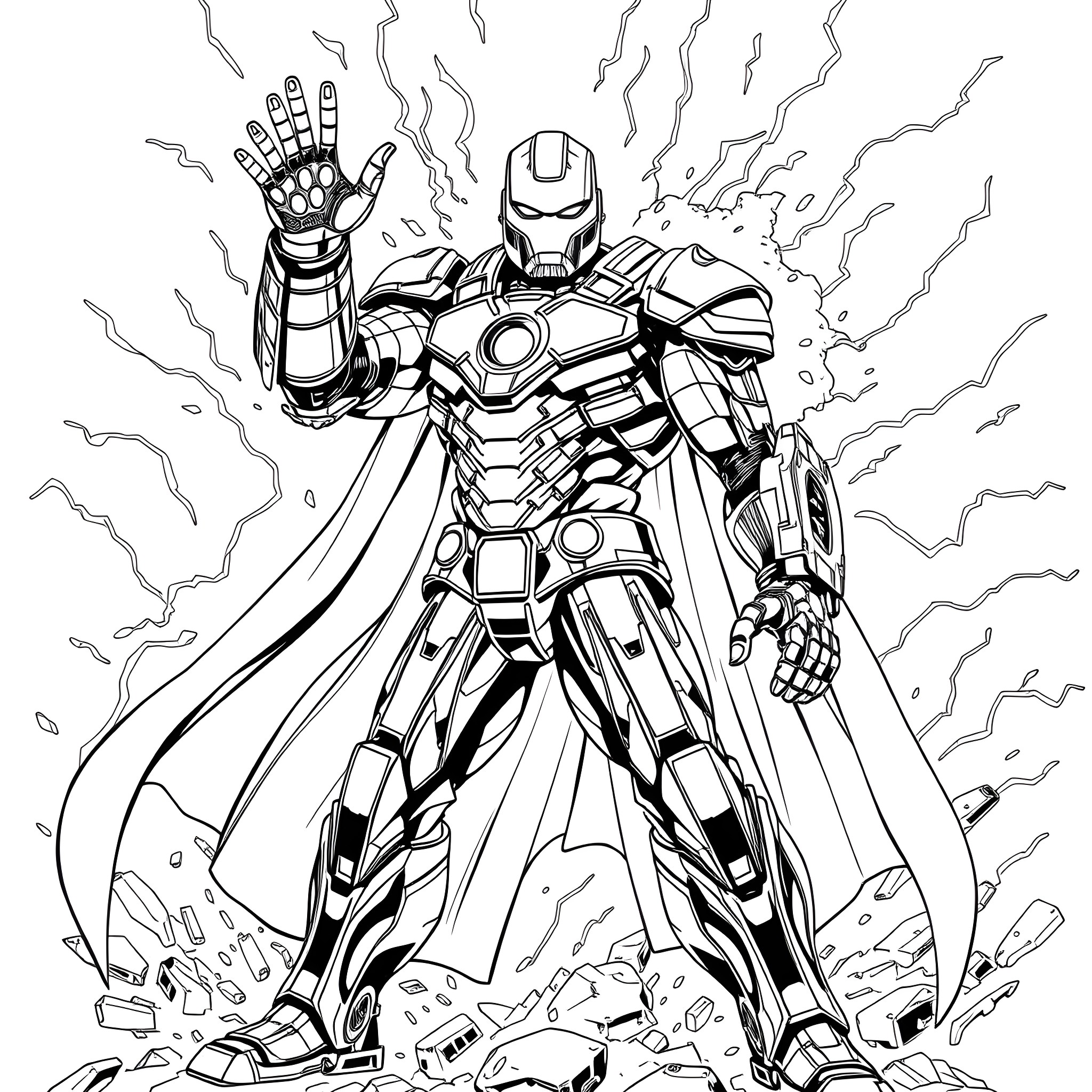 Doctor Doom in Powerful Iron Man-like Suit Unleashing Energy Blast Coloring Page (free black-and-white line drawing printable PDF for all, from beginners to advanced learners, including children, teens, adults, and seniors)