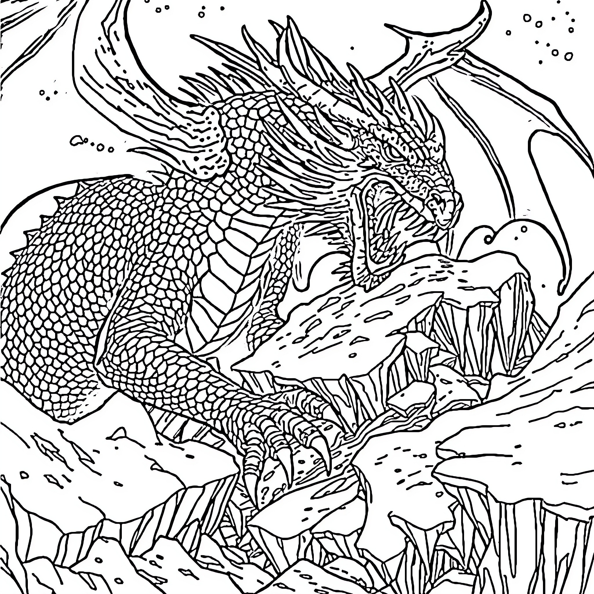 Dragon guarding its treasure hoard in the mountains Coloring Page (free black-and-white line drawing printable PDF for all, from beginners to advanced learners, including children, teens, adults, and seniors)
