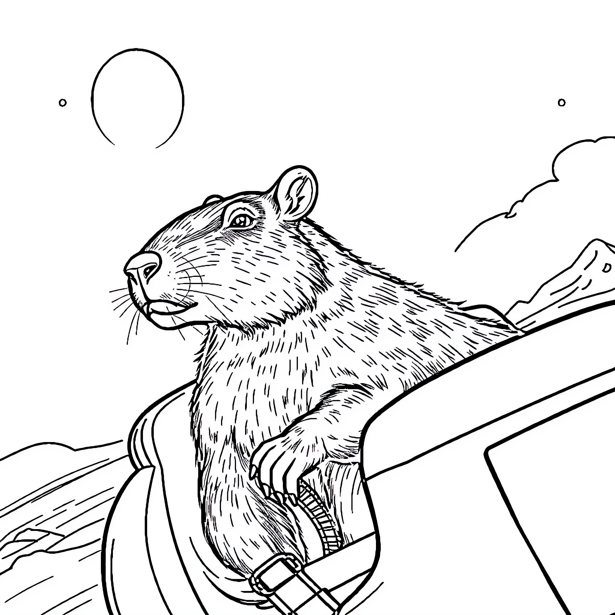 Capybara enjoying a winter hike in the mountains Coloring Page (free black-and-white line drawing printable PDF for all, from beginners to advanced learners, including children, teens, adults, and seniors)