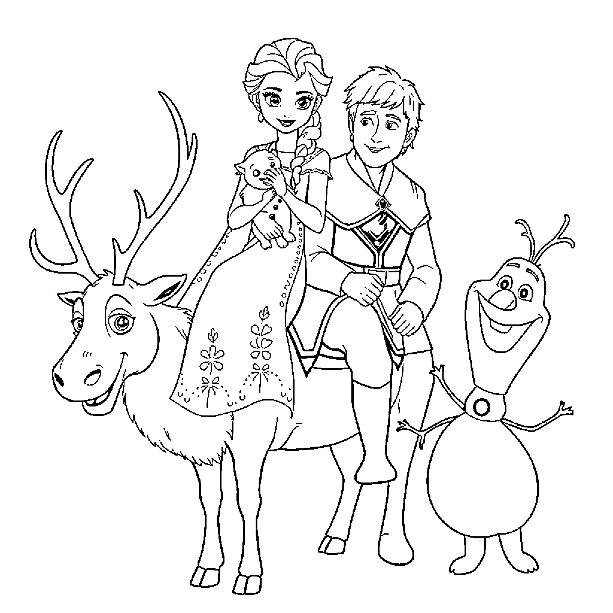 Elsa and her friends in a winter adventure Coloring Page (free black-and-white line drawing printable PDF for all, from beginners to advanced learners, including children, teens, adults, and seniors)