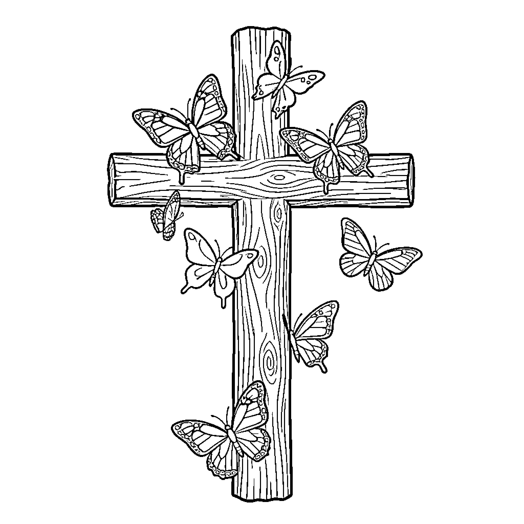 Cross with Butterflies Fluttering Coloring Page (free black-and-white line drawing printable PDF for all, from beginners to advanced learners, including children, teens, adults, and seniors)