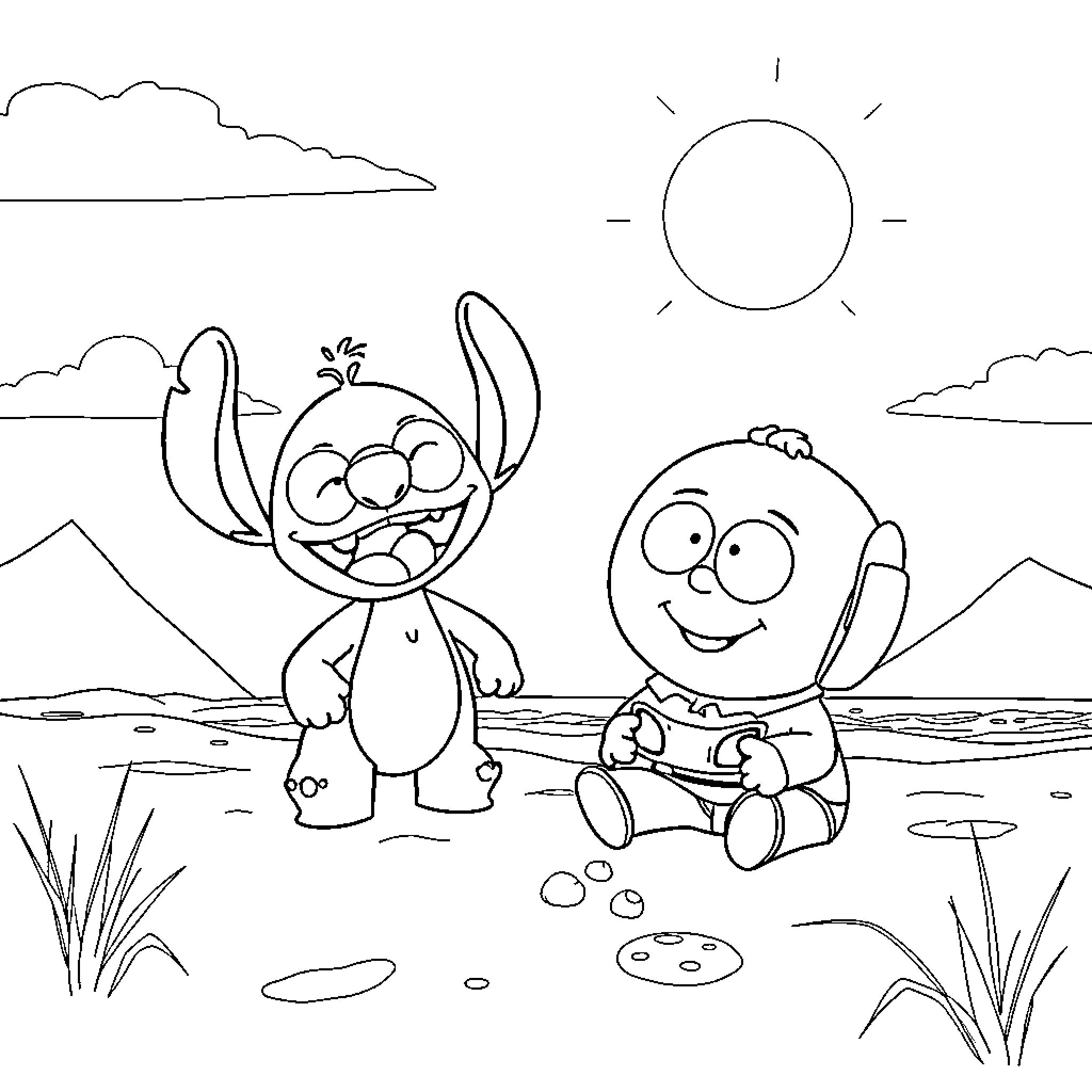 Butters' Playful Escapade in the Sunny Outdoors Coloring Page (free black-and-white line drawing printable PDF for all, from beginners to advanced learners, including children, teens, adults, and seniors)
