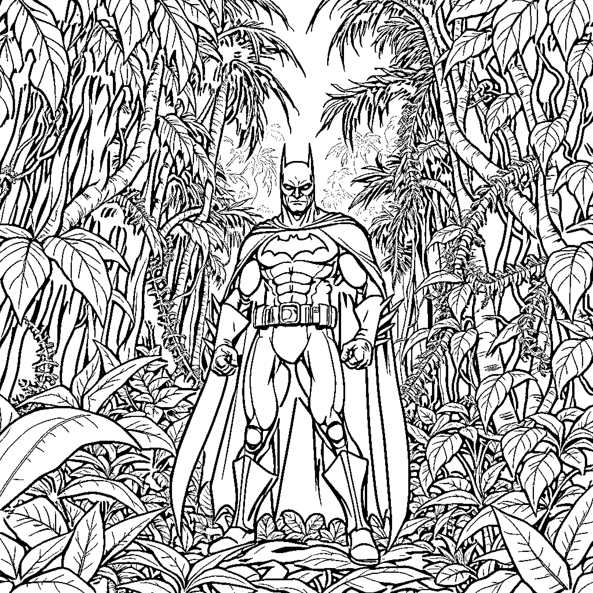 Batman exploring the mysterious jungle landscape Coloring Page (free black-and-white line drawing printable PDF for all, from beginners to advanced learners, including children, teens, adults, and seniors)