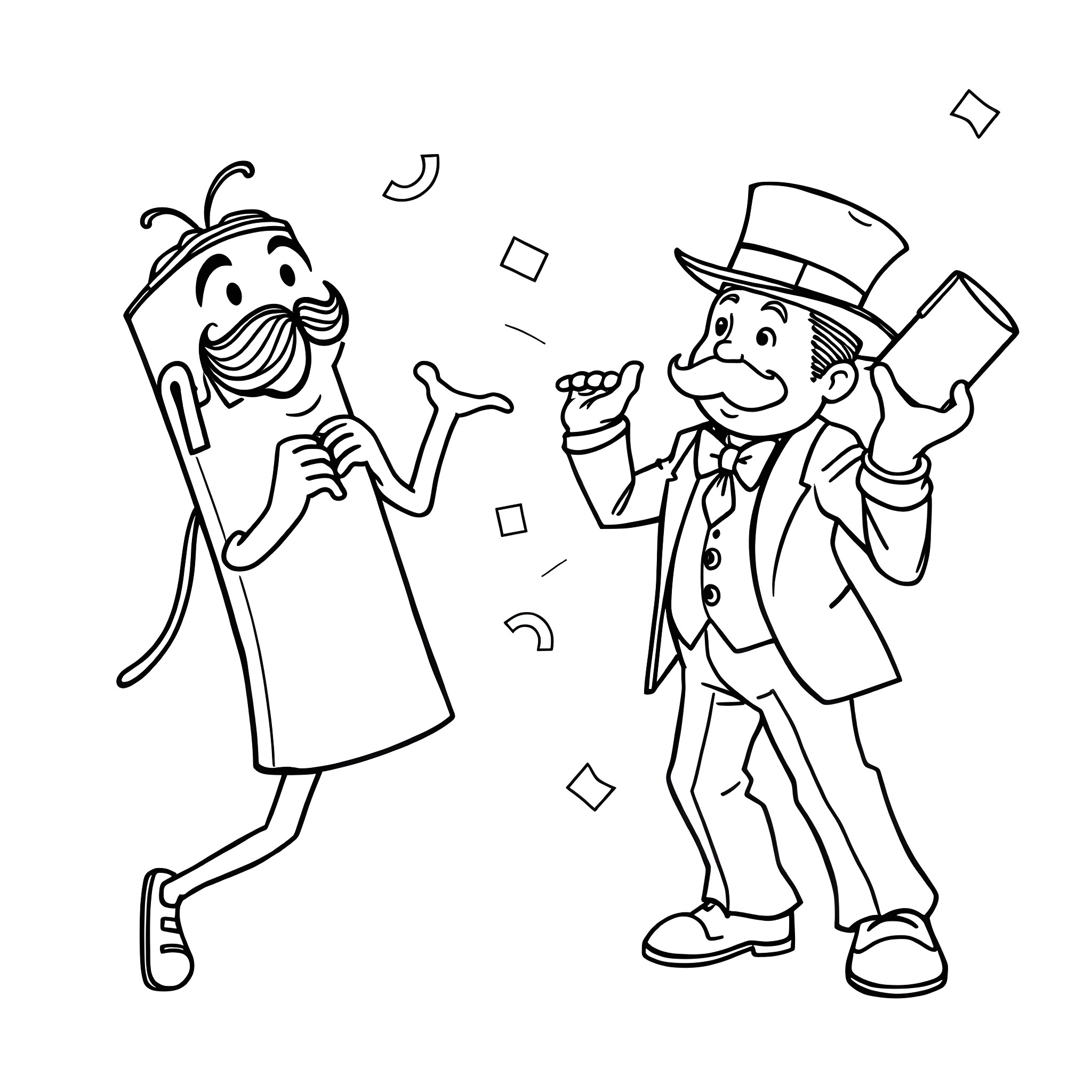 Pringles Man having fun with Uncle Monopoly Coloring Page (free black-and-white line drawing printable PDF for all, from beginners to advanced learners, including children, teens, adults, and seniors)