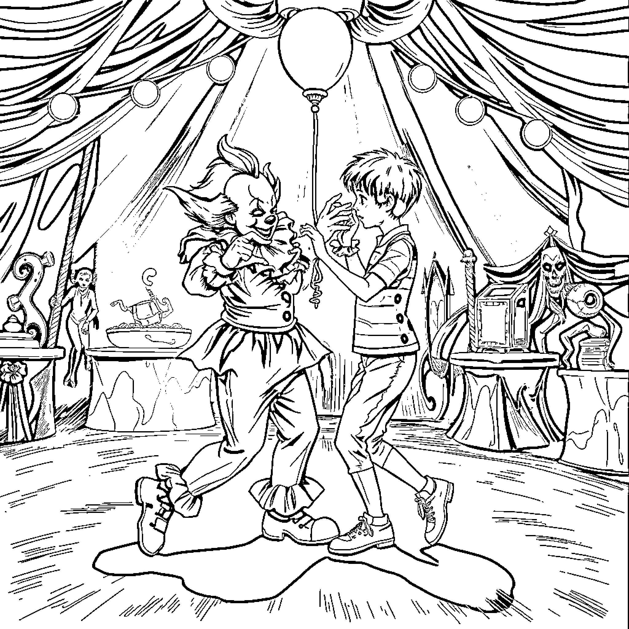 Pennywise the Clown Entertaining Children at a Circus Coloring Page (free black-and-white line drawing printable PDF for all, from beginners to advanced learners, including children, teens, adults, and seniors)