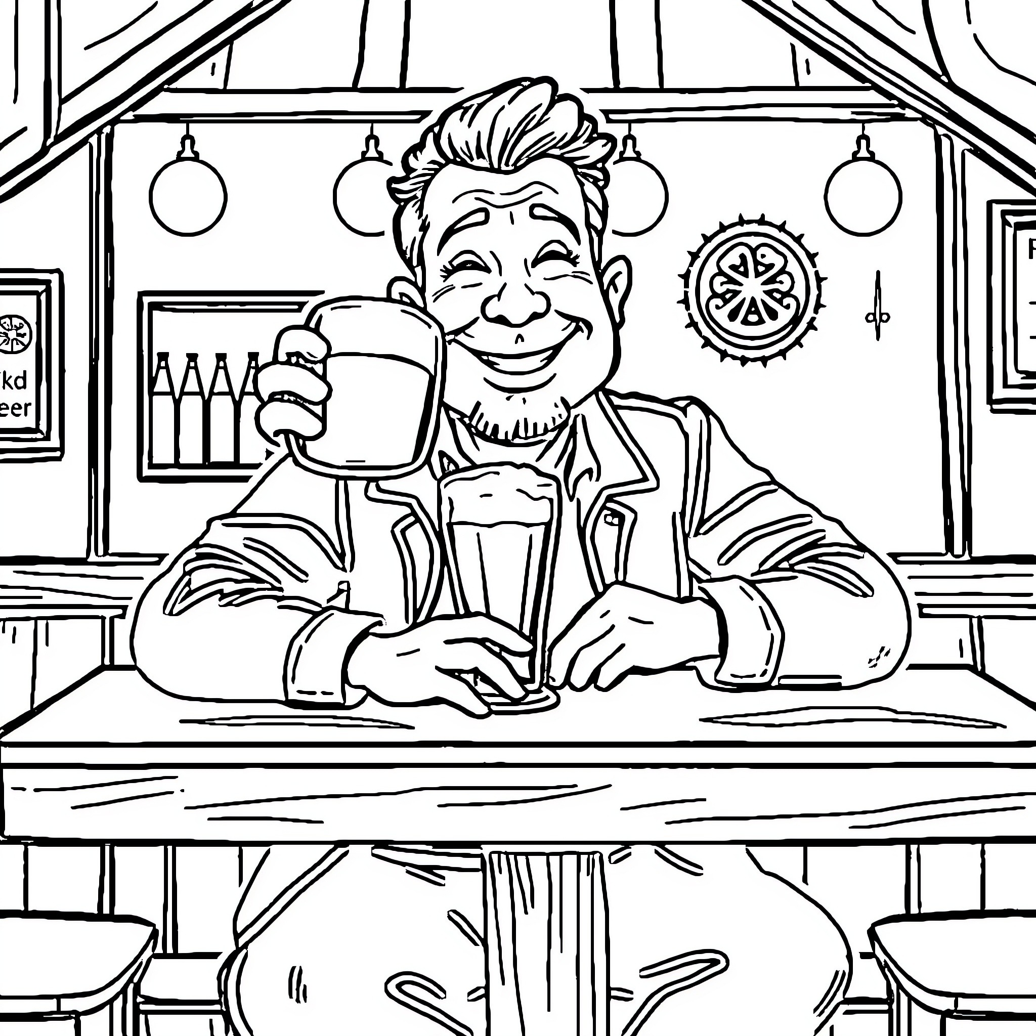 Tchoupien's Friendly Bartender Serving Drinks Coloring Page (free black-and-white line drawing printable PDF for all, from beginners to advanced learners, including children, teens, adults, and seniors)