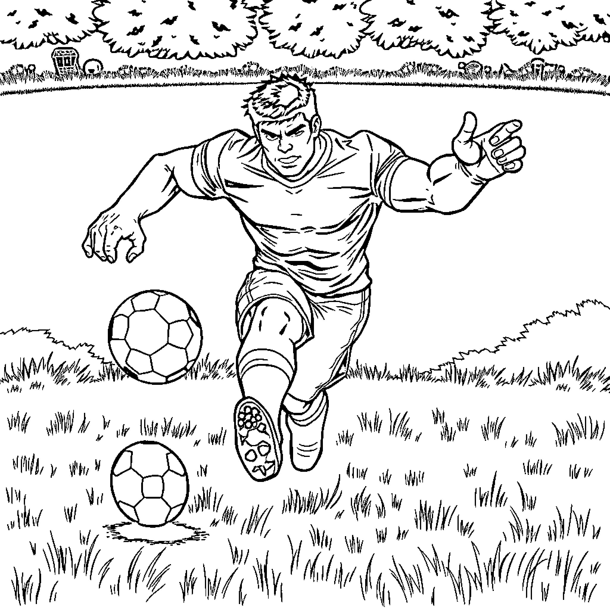 Hulk Charging Towards Soccer Balls on Field Coloring Page (free black-and-white line drawing printable PDF for all, from beginners to advanced learners, including children, teens, adults, and seniors)