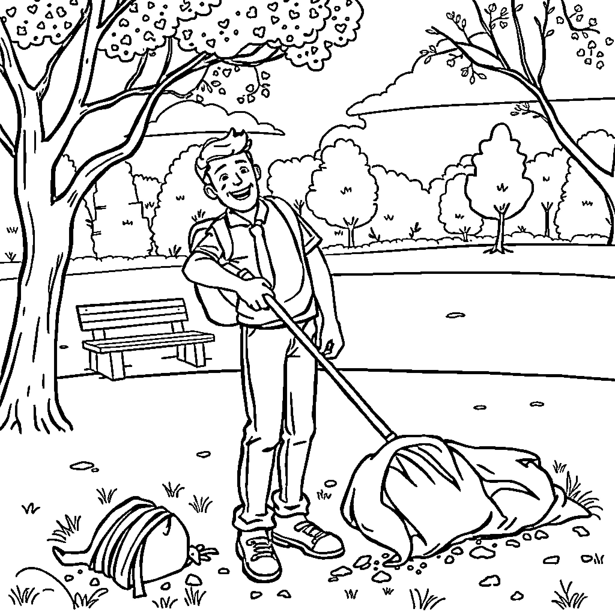 Guy raking leaves in an autumn park Coloring Page (free black-and-white line drawing printable PDF for all, from beginners to advanced learners, including children, teens, adults, and seniors)