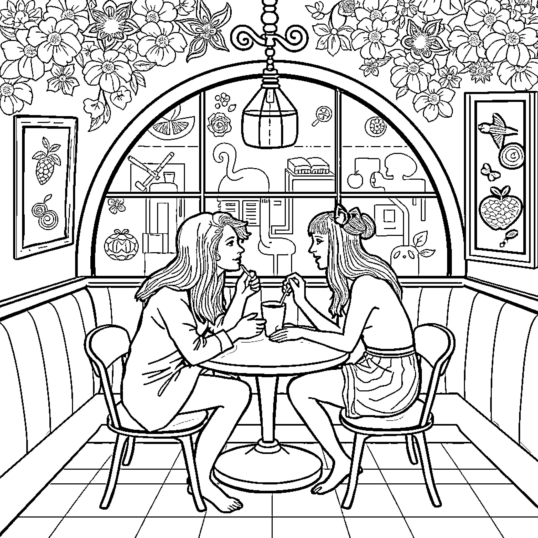 Brain Cafe Conversation in Floral Setting Coloring Page (free black-and-white line drawing printable PDF for all, from beginners to advanced learners, including children, teens, adults, and seniors)