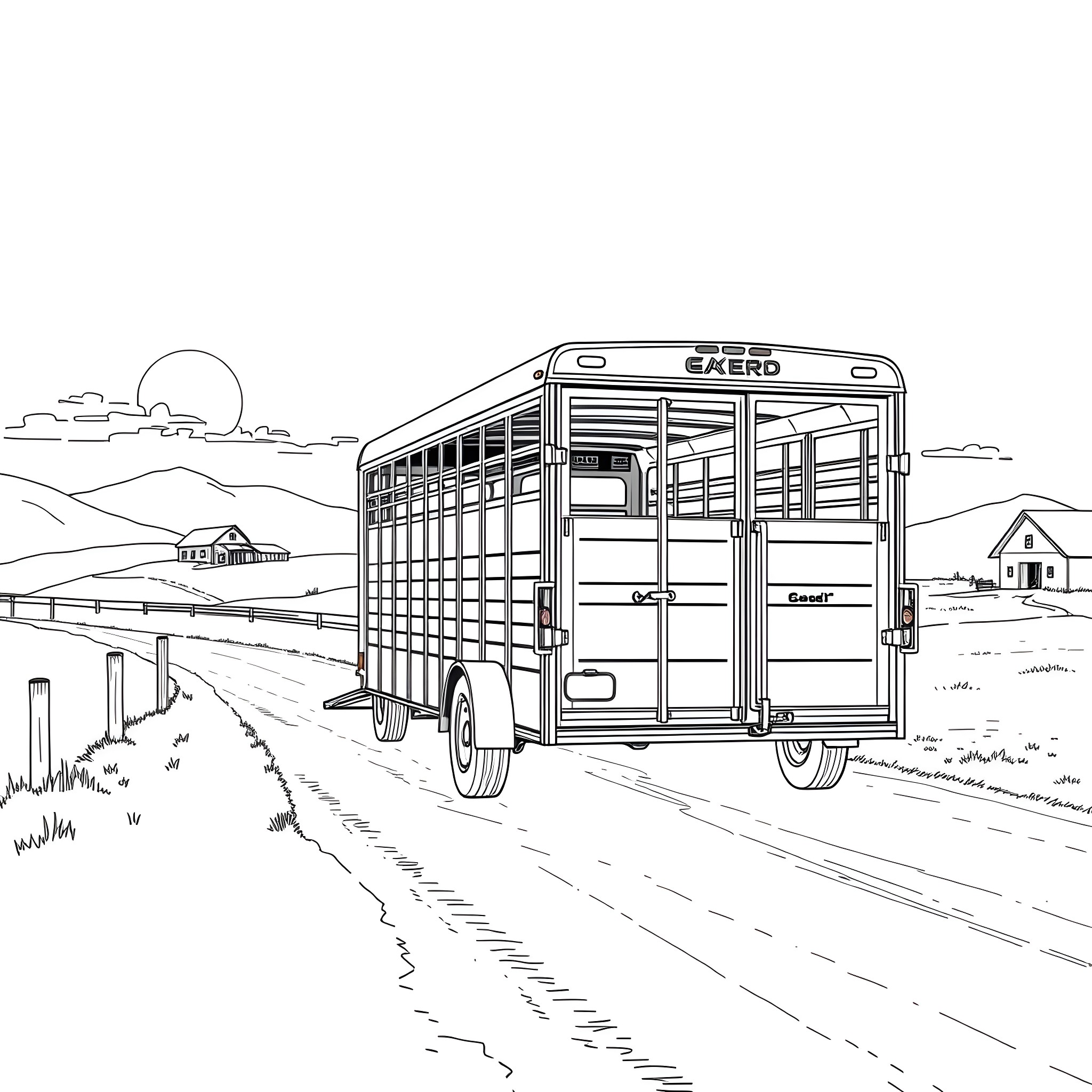 Gooseneck Trailer Transporting Livestock on Countryside Road Coloring Page (free black-and-white line drawing printable PDF for all, from beginners to advanced learners, including children, teens, adults, and seniors)