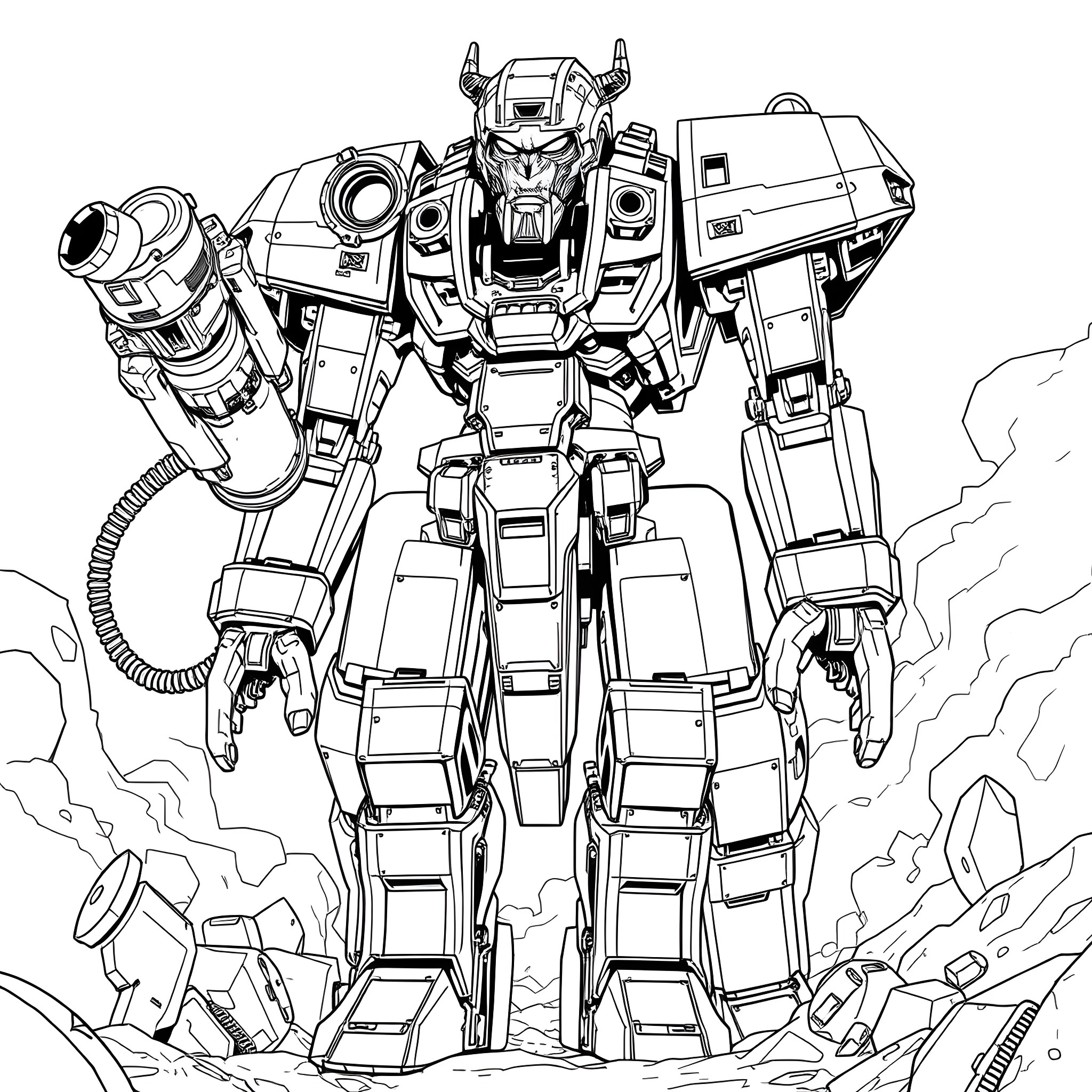Nemesis: Powerful Mech Warrior in Fierce Battle Coloring Page (free black-and-white line drawing printable PDF for all, from beginners to advanced learners, including children, teens, adults, and seniors)