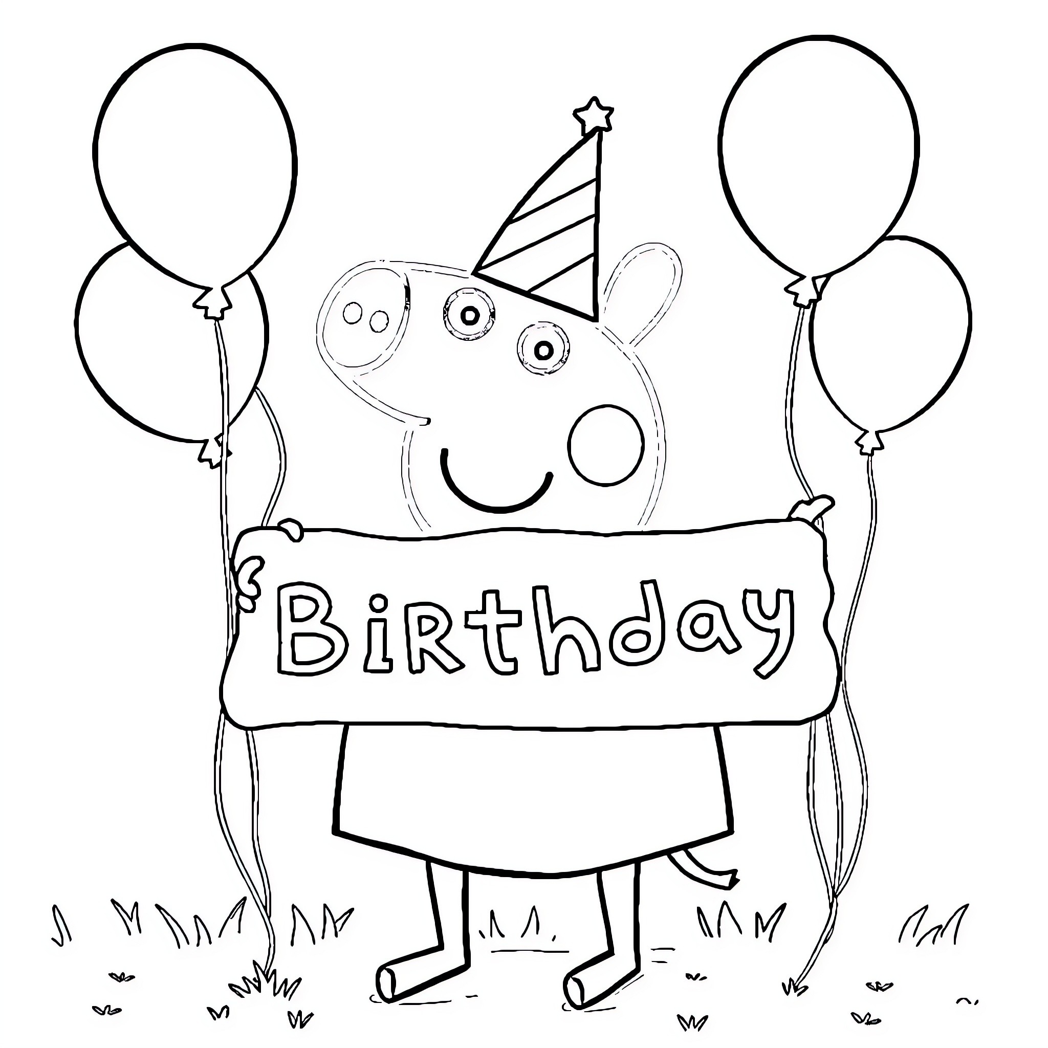 Peppa Pig celebrating birthday with balloons Coloring Page (free black-and-white line drawing printable PDF for all, from beginners to advanced learners, including children, teens, adults, and seniors)