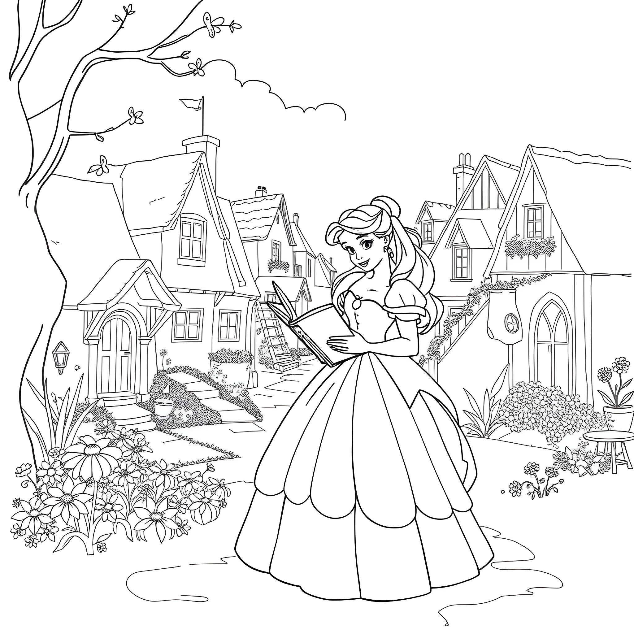 Belle reading in the quaint village Coloring Page (free black-and-white line drawing printable PDF for all, from beginners to advanced learners, including children, teens, adults, and seniors)