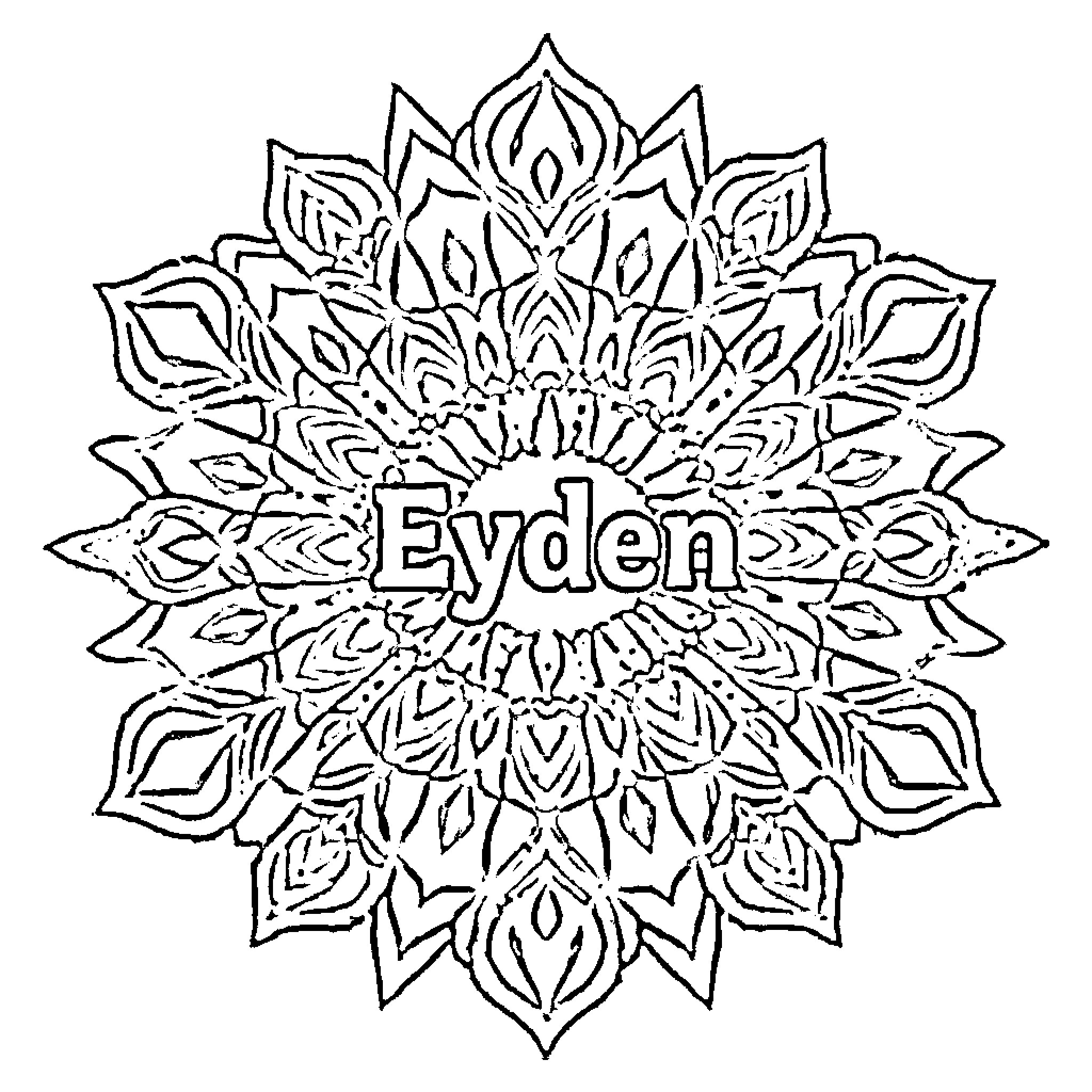Mandala with intricate floral design and name Coloring Page (free black-and-white line drawing printable PDF for all, from beginners to advanced learners, including children, teens, adults, and seniors)
