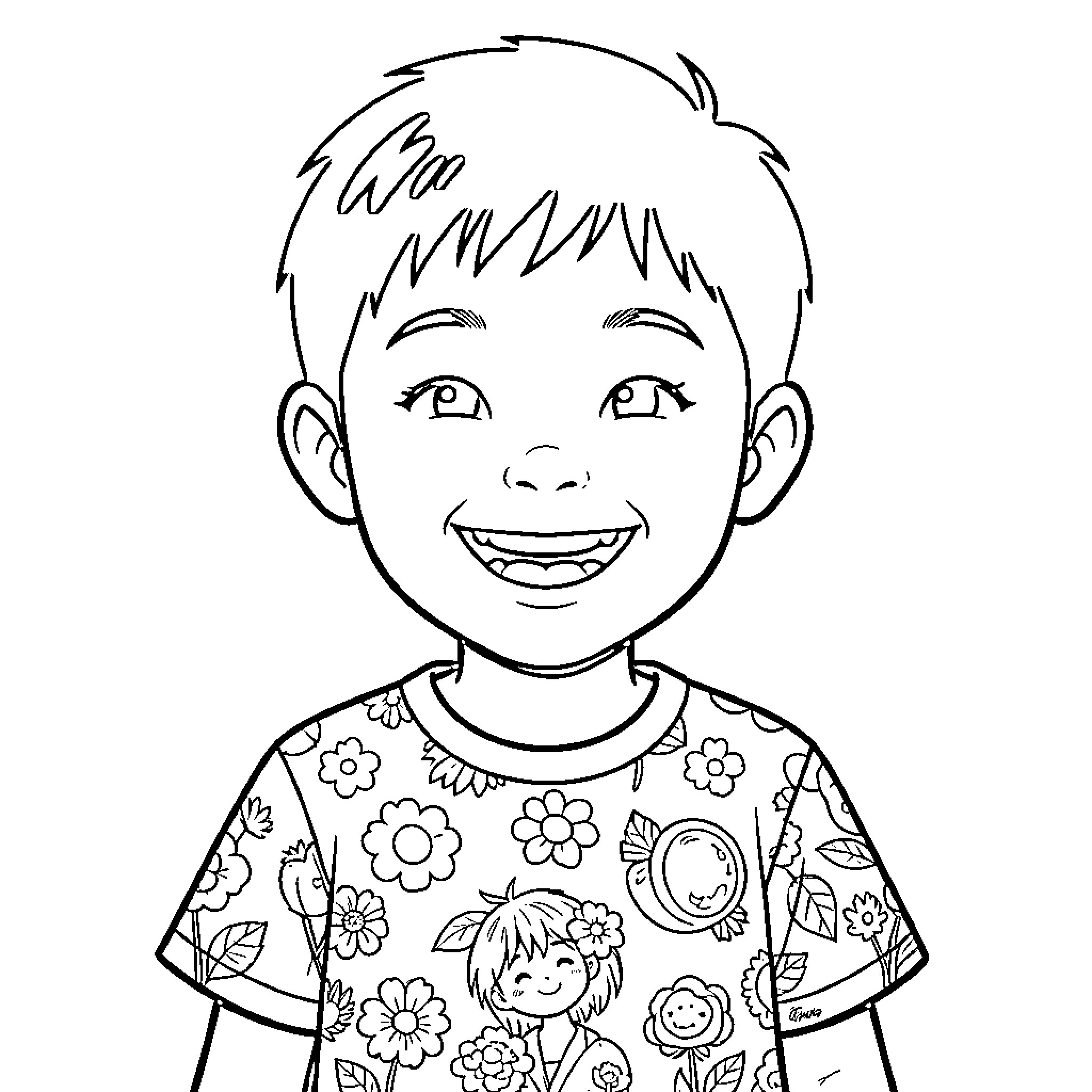 Chinese Boy Smiling in Floral Shirt Coloring Page (free black-and-white line drawing printable PDF for all, from beginners to advanced learners, including children, teens, adults, and seniors)