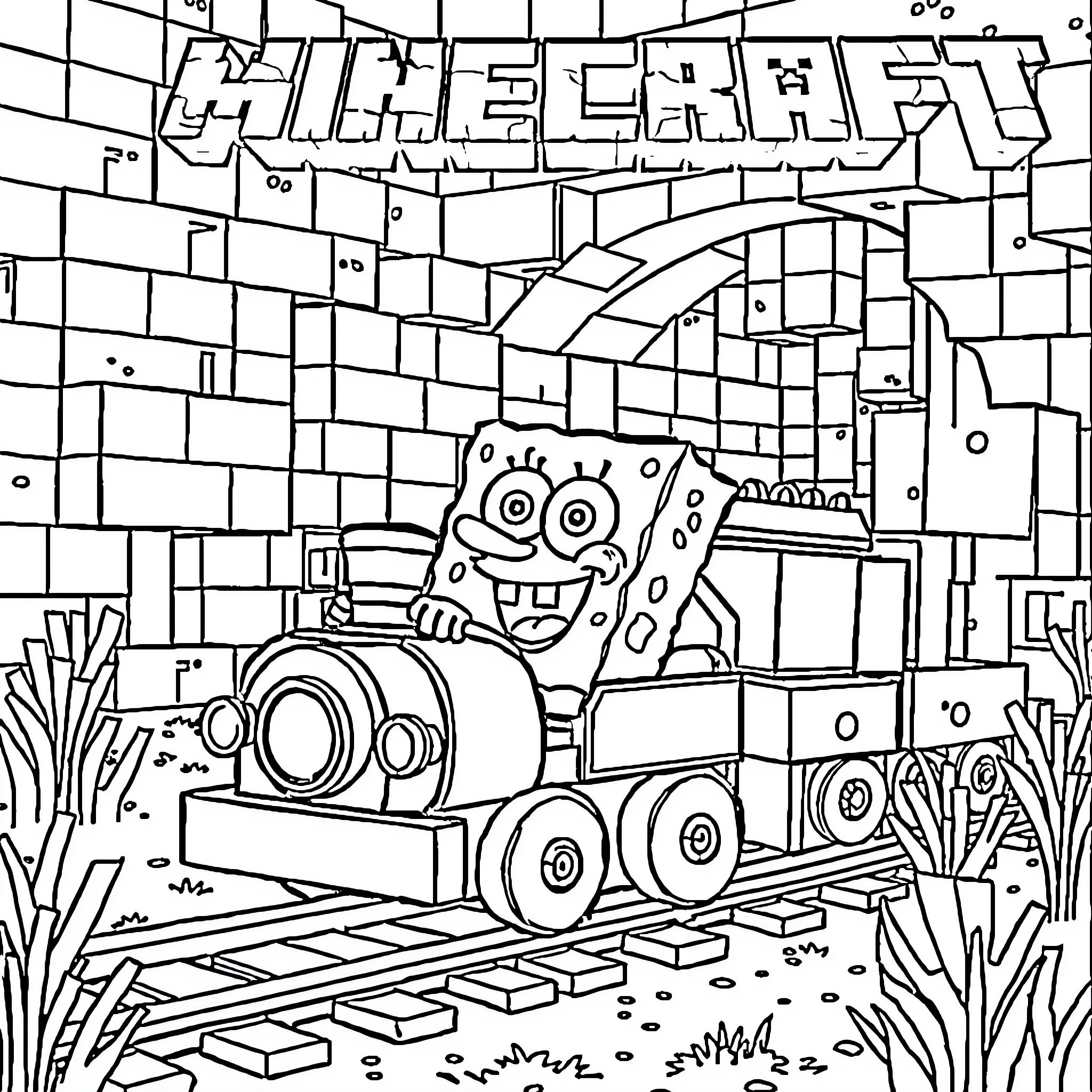 Spongebob's Underwater Offroading Adventure Coloring Page (free black-and-white line drawing printable PDF for all, from beginners to advanced learners, including children, teens, adults, and seniors)