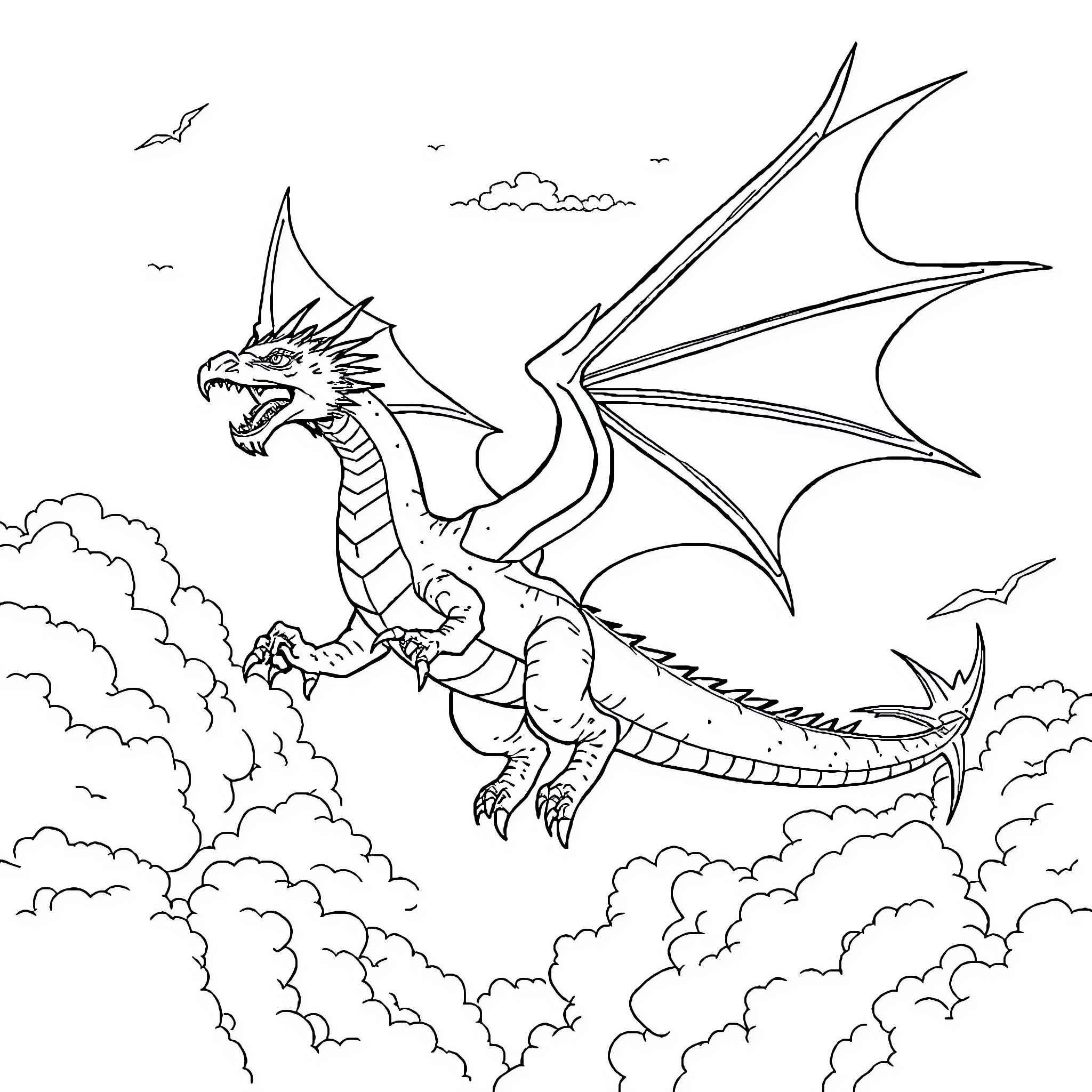 Dragon flying fiercely through cloudy skies Coloring Page (free black-and-white line drawing printable PDF for all, from beginners to advanced learners, including children, teens, adults, and seniors)