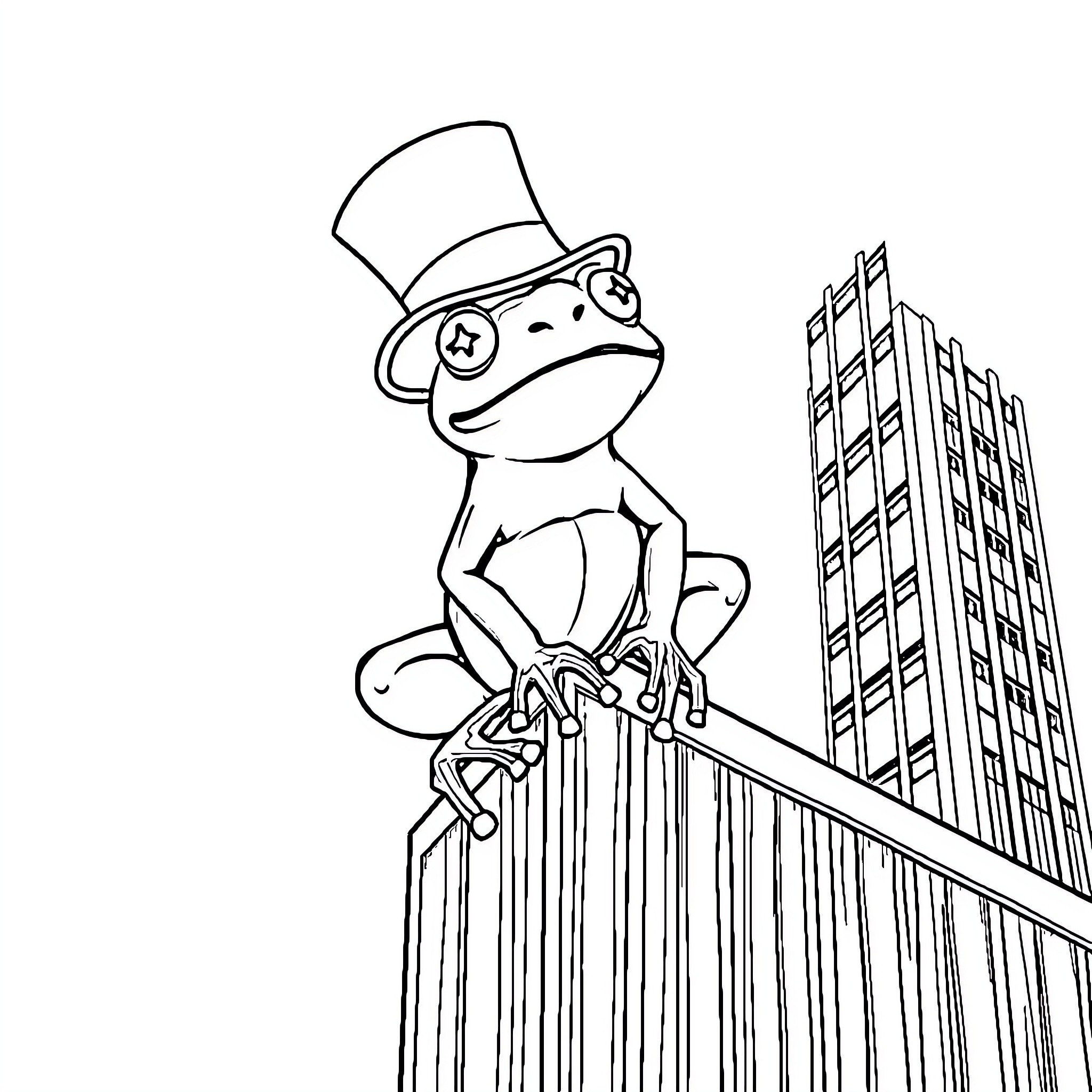 Frog in a top hat exploring the city Coloring Page (free black-and-white line drawing printable PDF for all, from beginners to advanced learners, including children, teens, adults, and seniors)