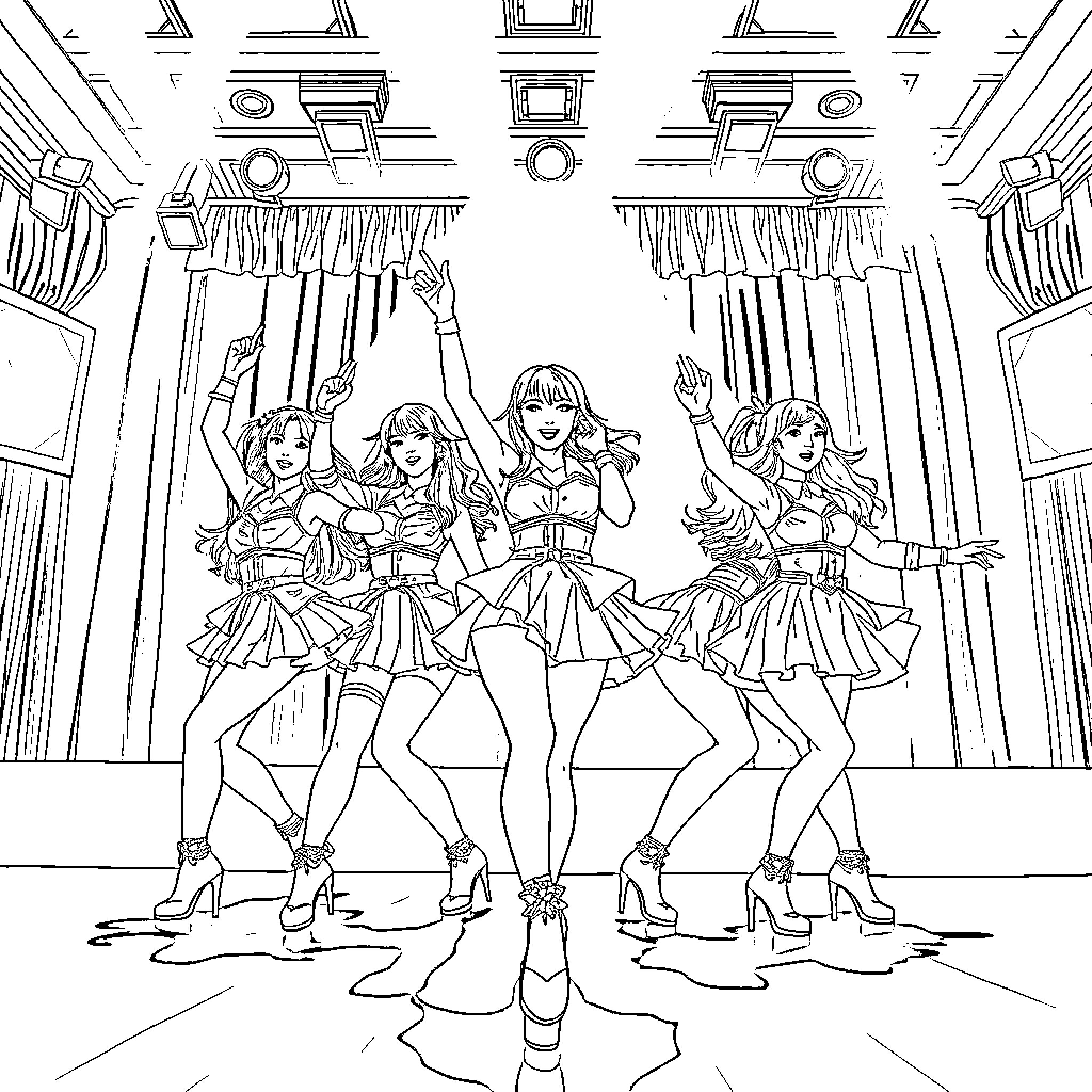 Kpop Warriors Performing on Stage Coloring Page (free black-and-white line drawing printable PDF for all, from beginners to advanced learners, including children, teens, adults, and seniors)