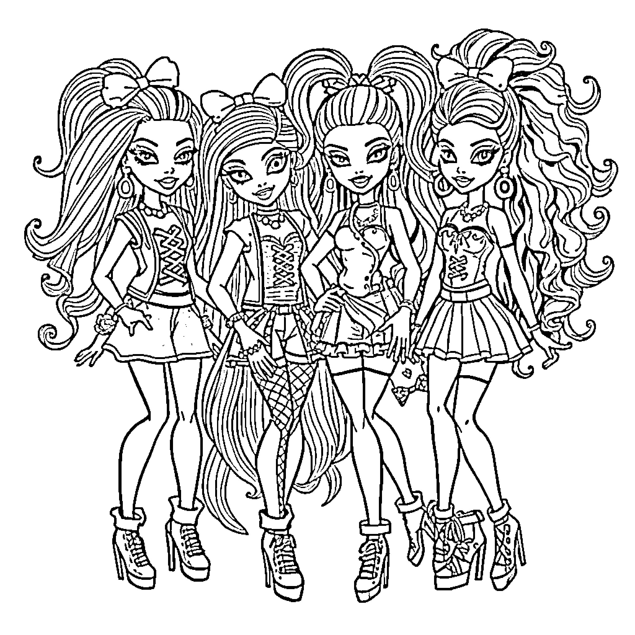 Bratz dolls posing in stylish outfits Coloring Page (free black-and-white line drawing printable PDF for all, from beginners to advanced learners, including children, teens, adults, and seniors)