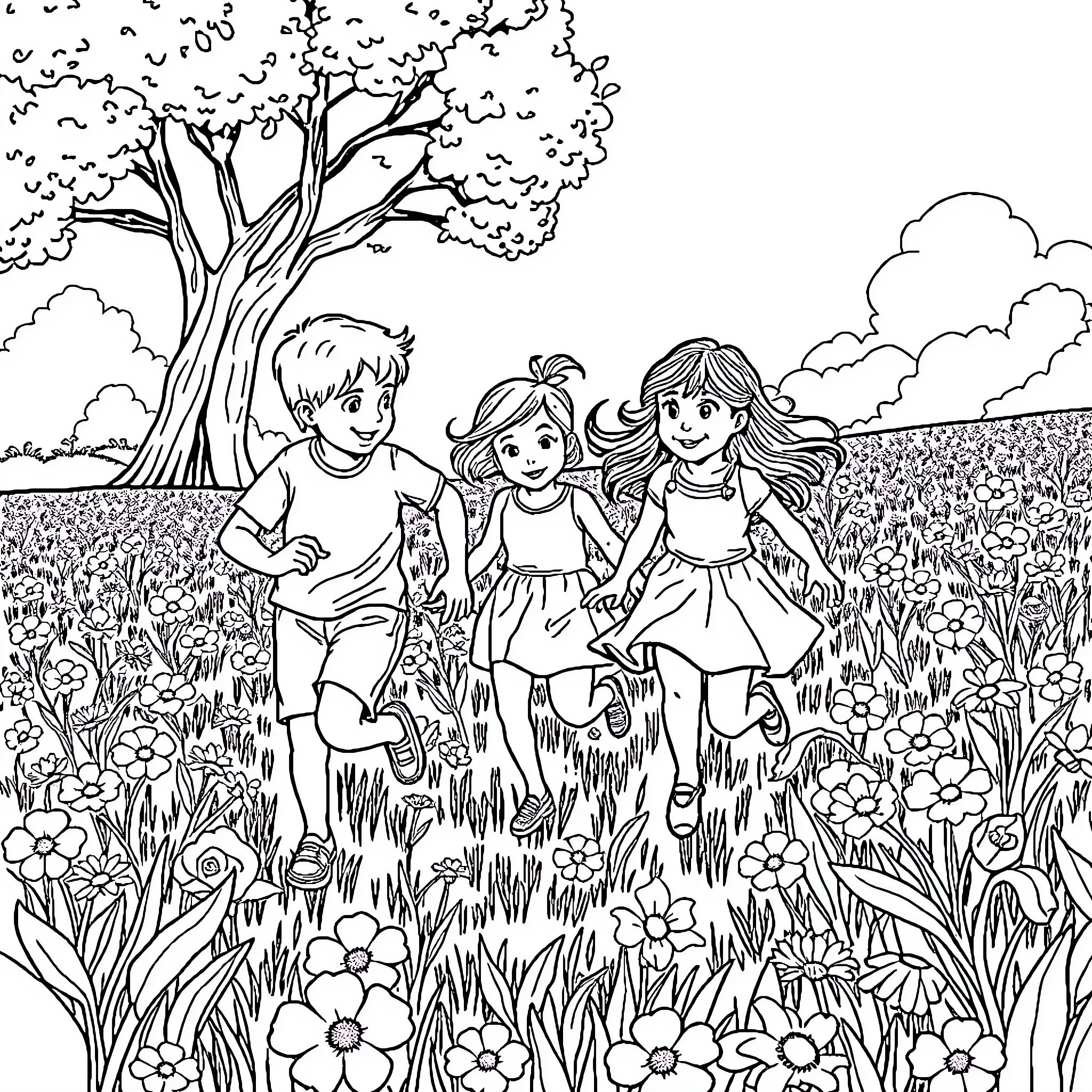 Children playing happily in a flowery meadow Coloring Page (free black-and-white line drawing printable PDF for all, from beginners to advanced learners, including children, teens, adults, and seniors)