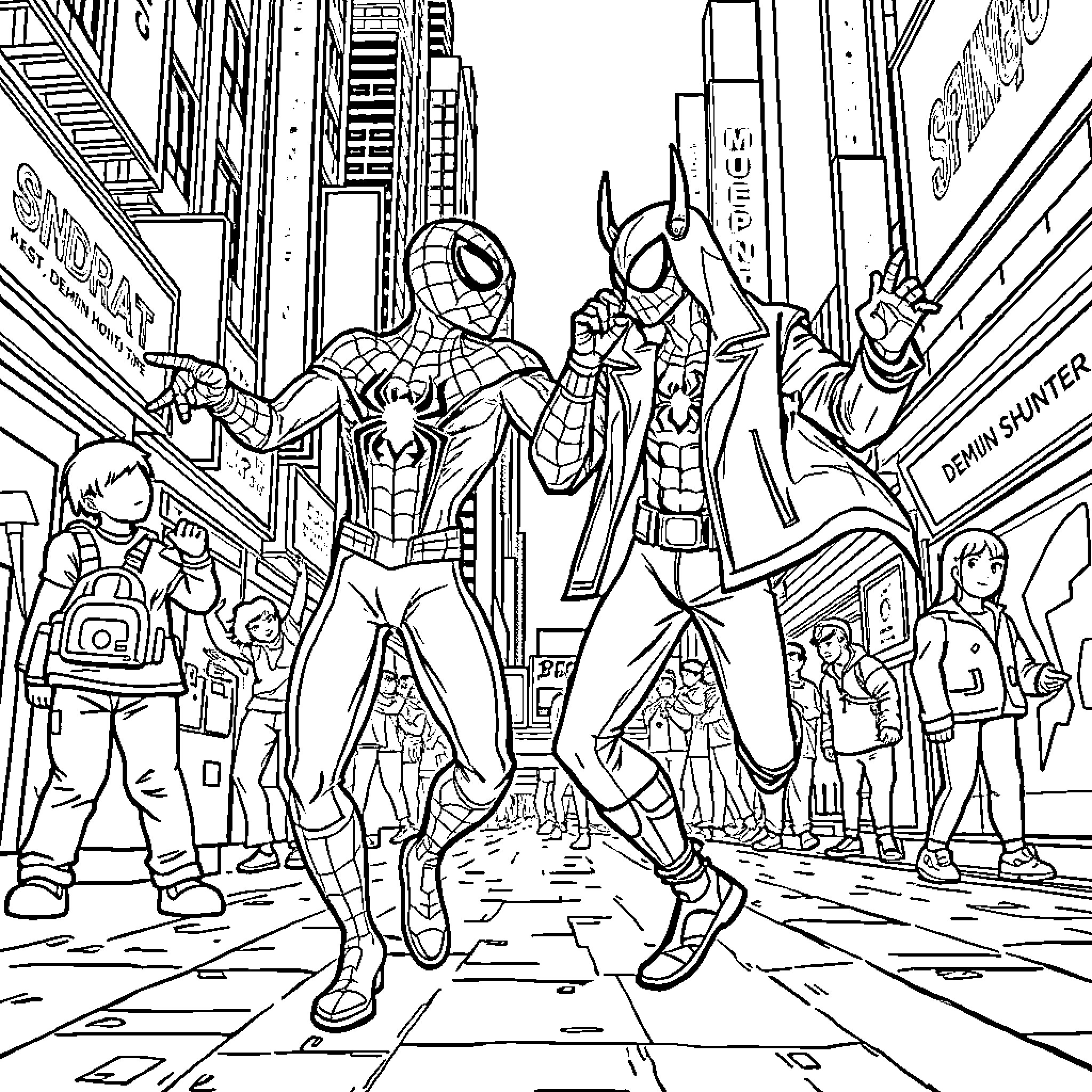 Spiderman swings through the city with fellow heroes Coloring Page (free black-and-white line drawing printable PDF for all, from beginners to advanced learners, including children, teens, adults, and seniors)