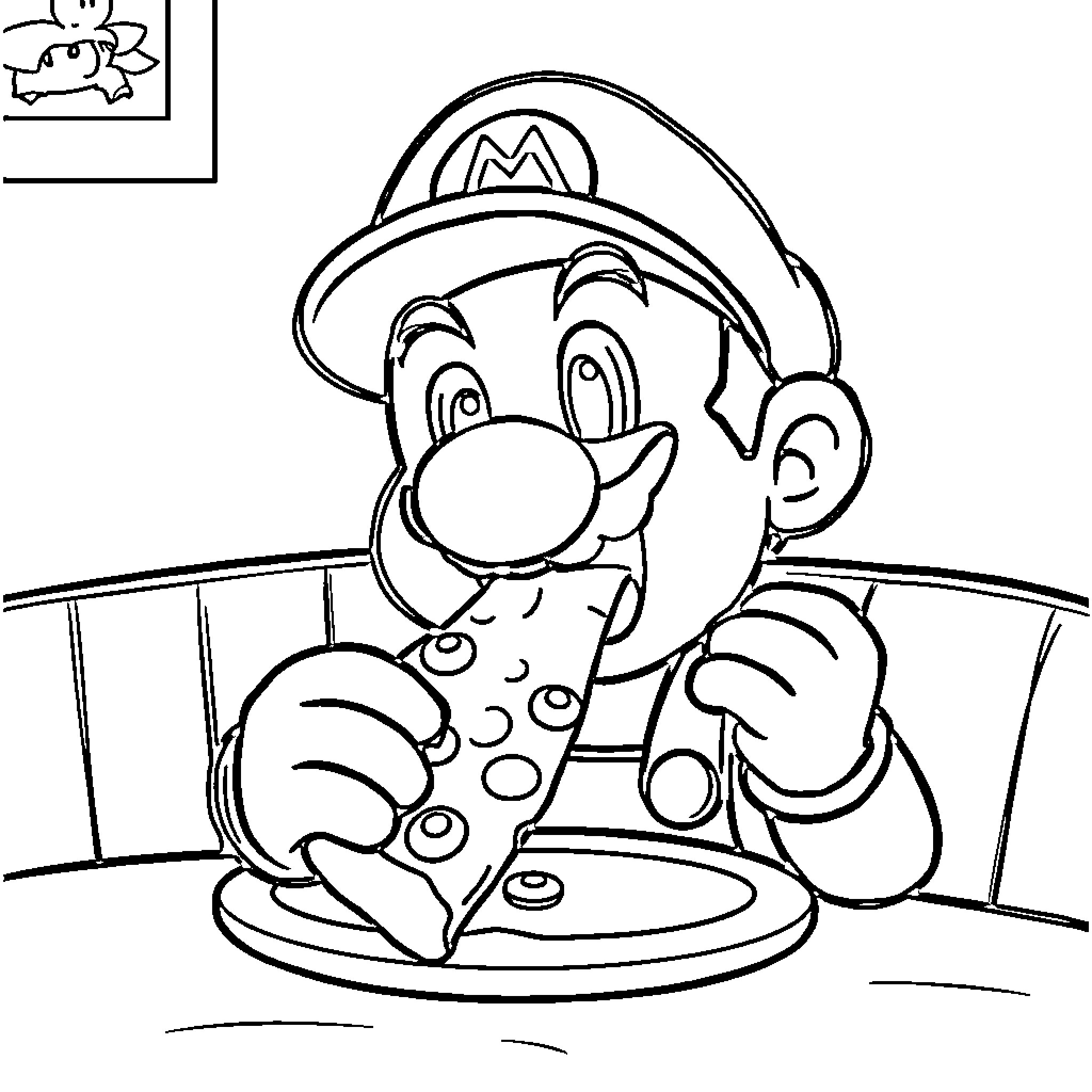 Mario Enjoying a Meal in the Kitchen Coloring Page (free black-and-white line drawing printable PDF for all, from beginners to advanced learners, including children, teens, adults, and seniors)