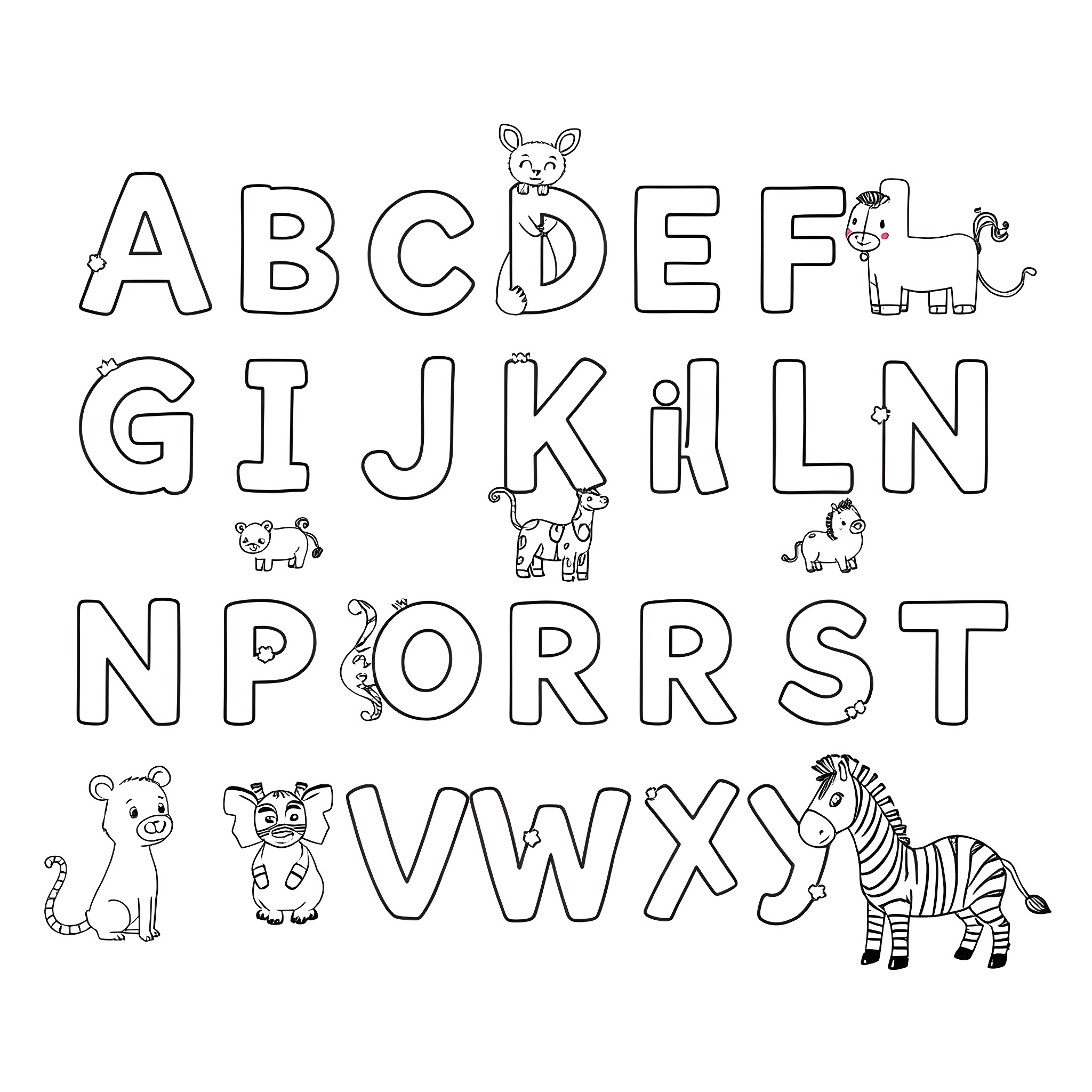 Animal Alphabet with Cartoon Creatures Coloring Page (free black-and-white line drawing printable PDF for all, from beginners to advanced learners, including children, teens, adults, and seniors)