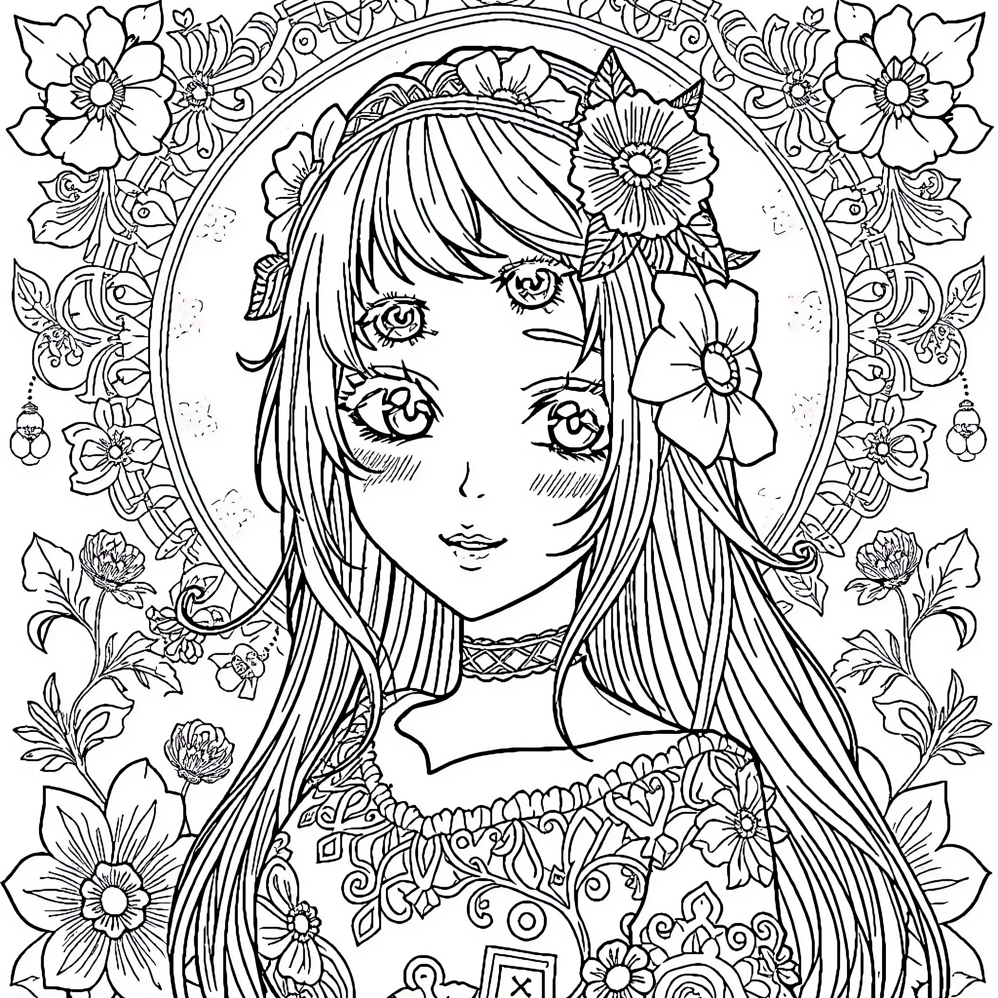 Anime Girl in Floral Wonderland Coloring Page (free black-and-white line drawing printable PDF for all, from beginners to advanced learners, including children, teens, adults, and seniors)