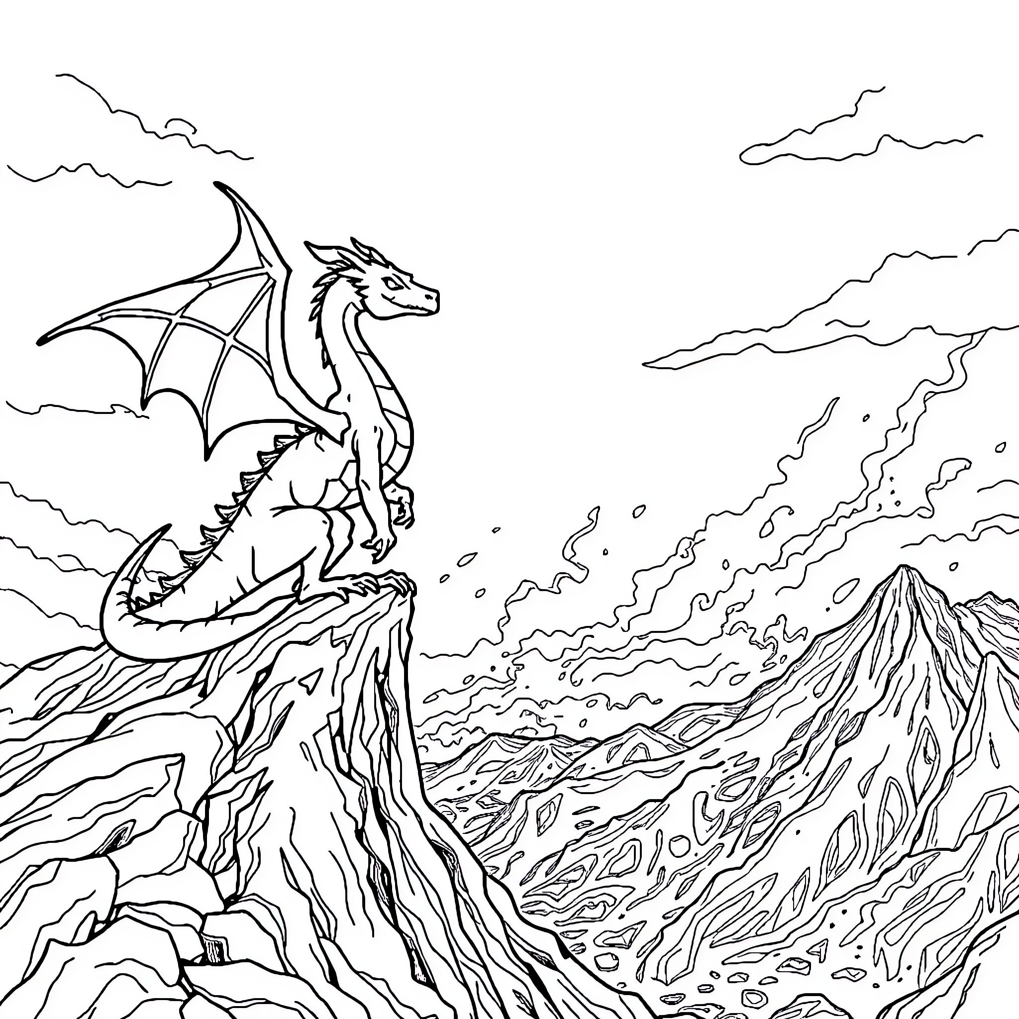 Dragon soaring over majestic mountain peaks Coloring Page (free black-and-white line drawing printable PDF for all, from beginners to advanced learners, including children, teens, adults, and seniors)