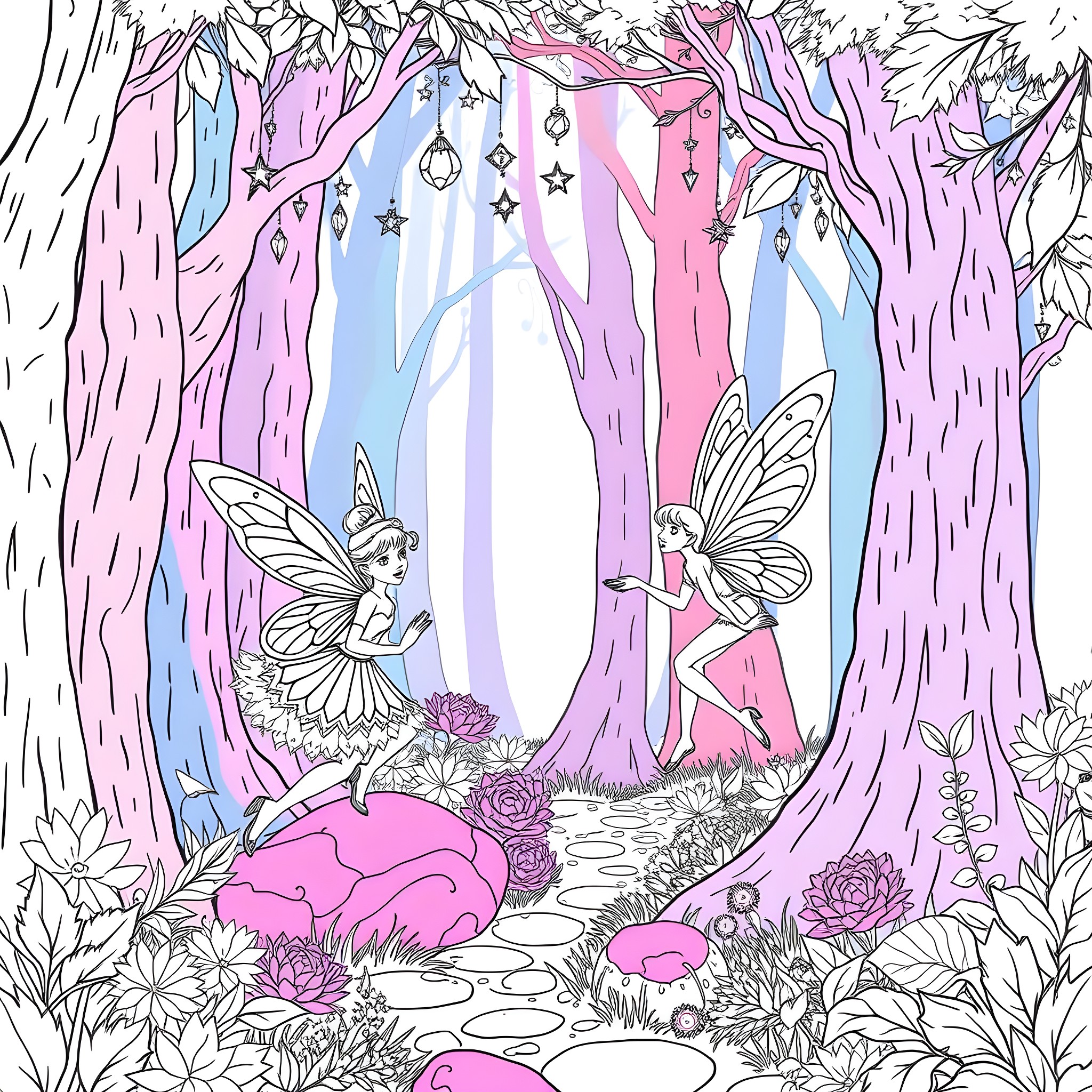 Fairy Friends in a Whimsical Forest Coloring Page (free black-and-white line drawing printable PDF for all, from beginners to advanced learners, including children, teens, adults, and seniors)