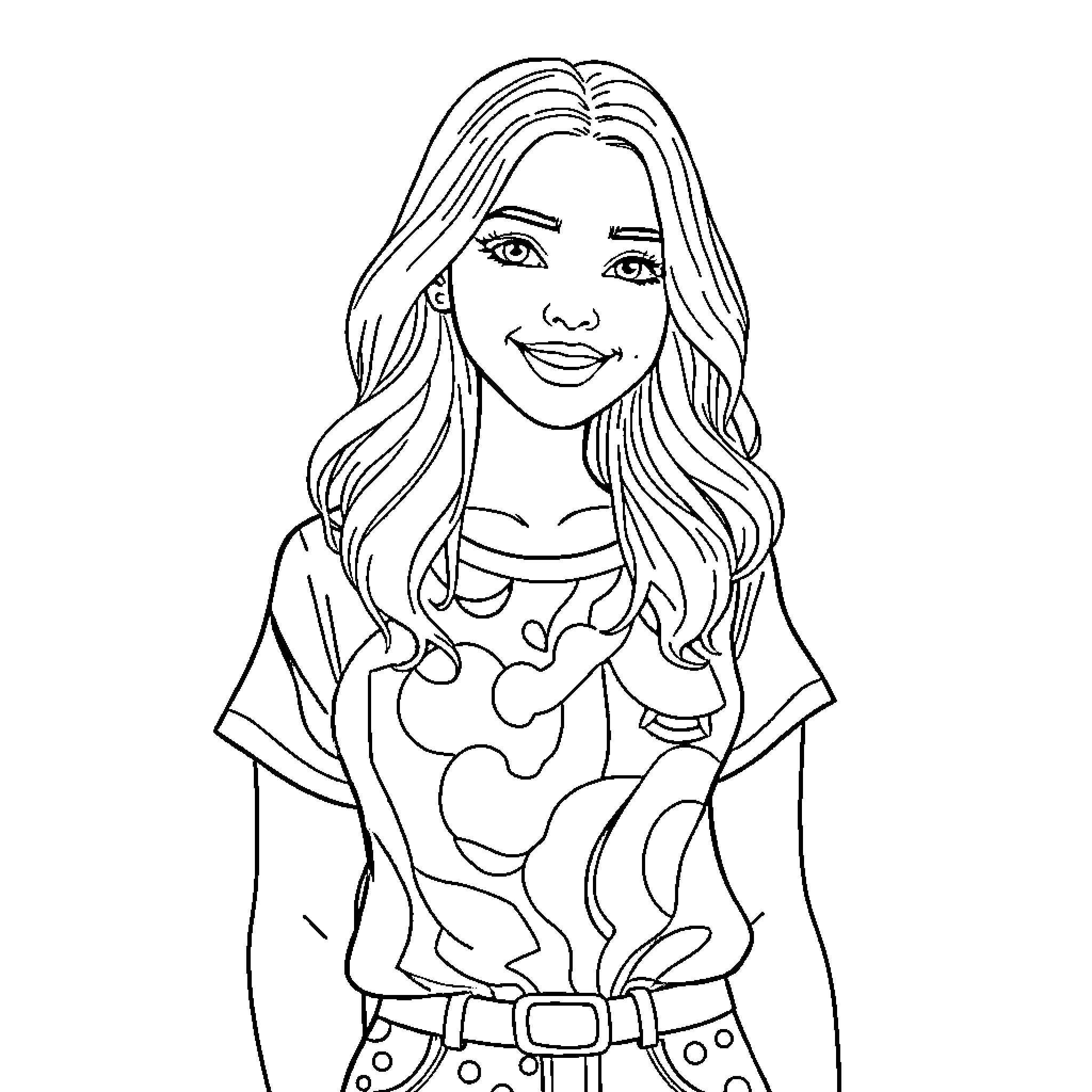 Lyna Vallejos smiling and posing in a stylish outfit Coloring Page (free black-and-white line drawing printable PDF for all, from beginners to advanced learners, including children, teens, adults, and seniors)
