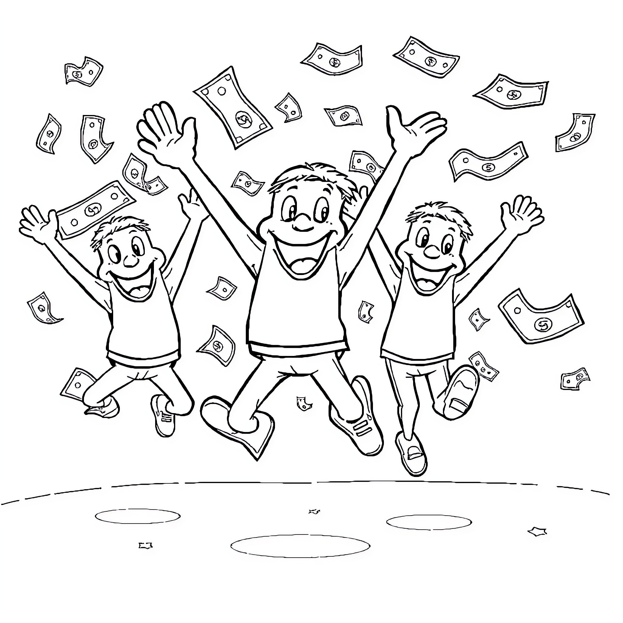 Money Jumping with Joy and Excitement Coloring Page (free black-and-white line drawing printable PDF for all, from beginners to advanced learners, including children, teens, adults, and seniors)