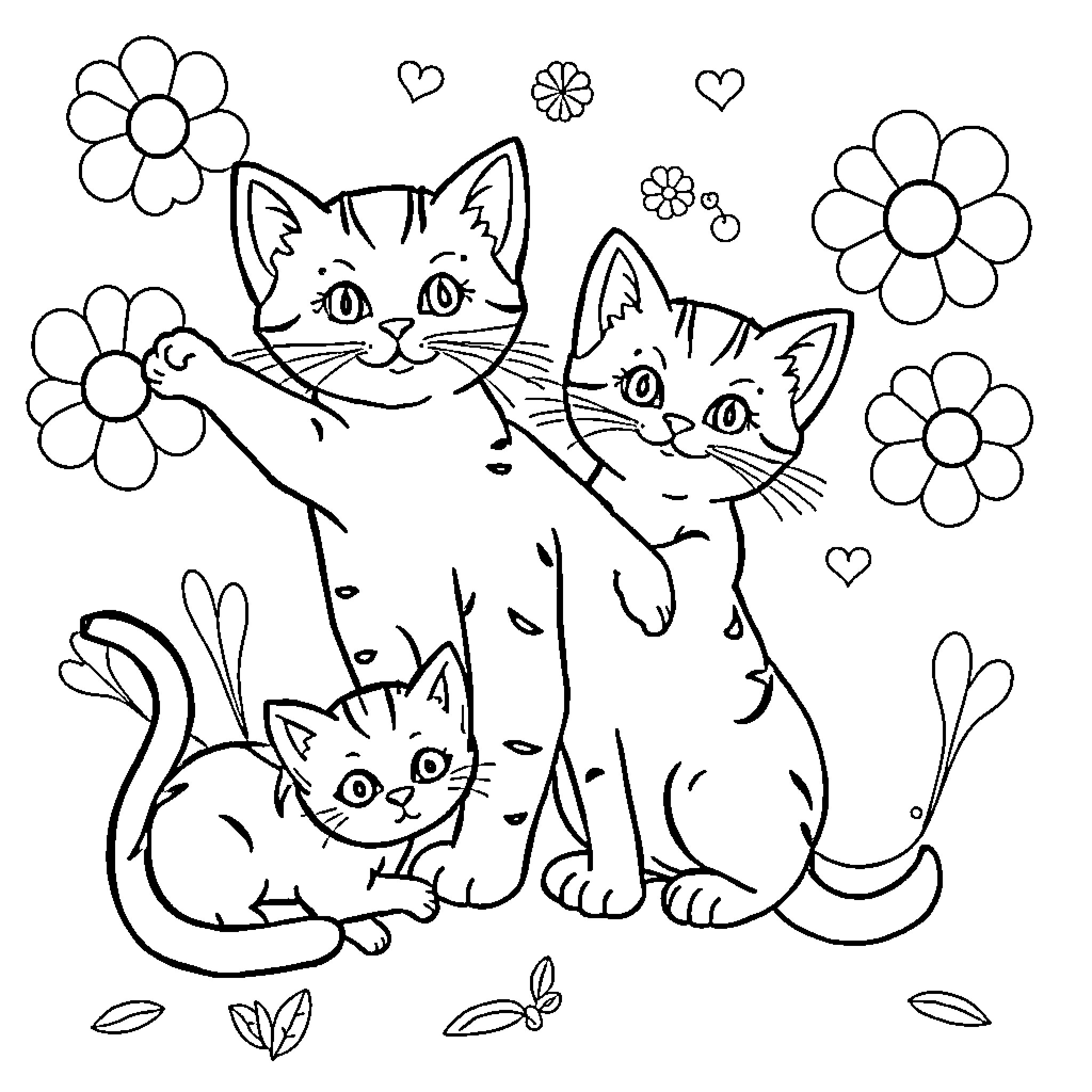 Cats and Flowers Coloring Page (free black-and-white line drawing printable PDF for all, from beginners to advanced learners, including children, teens, adults, and seniors)