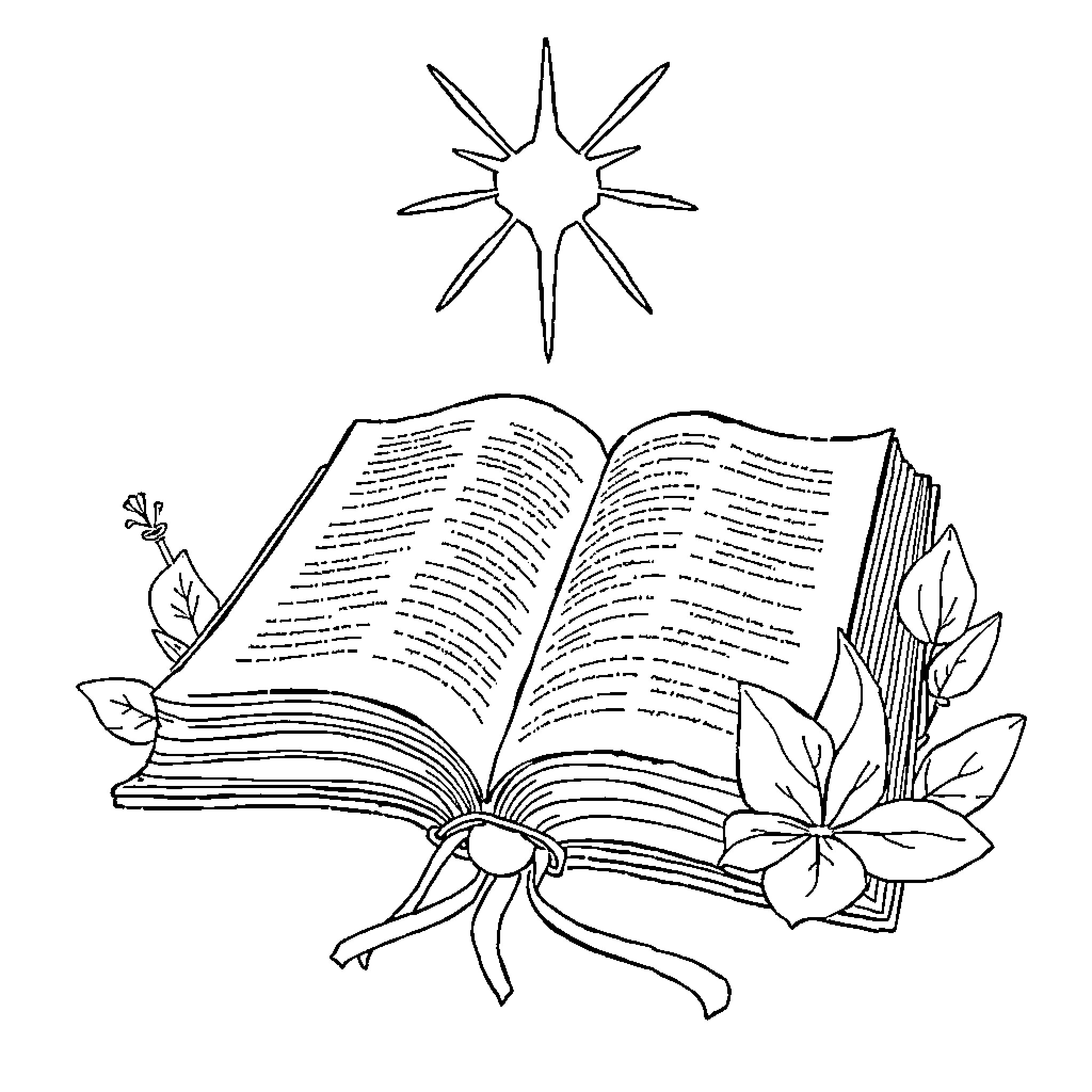 Bible with open pages and floral elements Coloring Page (free black-and-white line drawing printable PDF for all, from beginners to advanced learners, including children, teens, adults, and seniors)