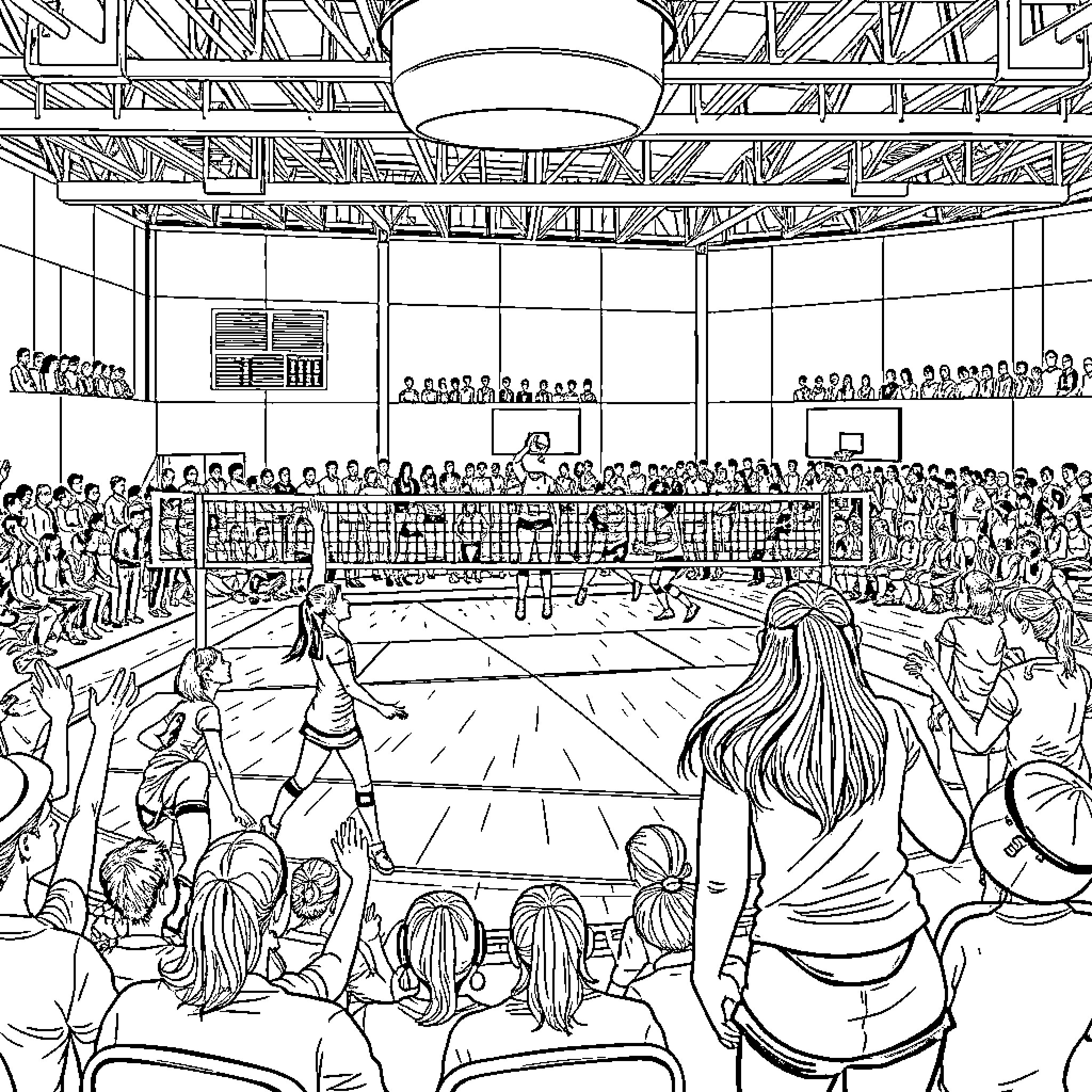 Volleyball match in a crowded sports arena Coloring Page (free black-and-white line drawing printable PDF for all, from beginners to advanced learners, including children, teens, adults, and seniors)