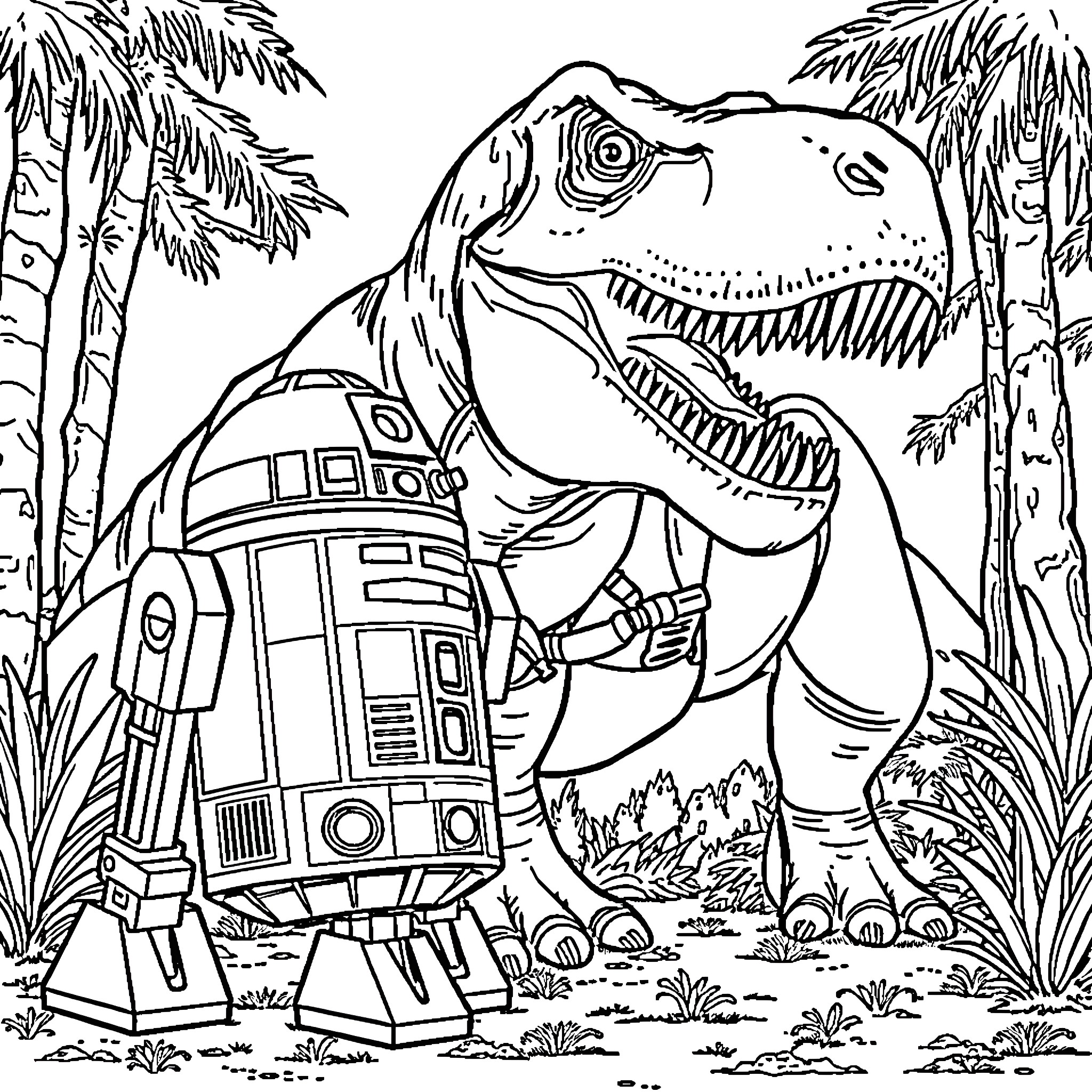 R2D2 and T-Rex explore prehistoric jungle Coloring Page (free black-and-white line drawing printable PDF for all, from beginners to advanced learners, including children, teens, adults, and seniors)