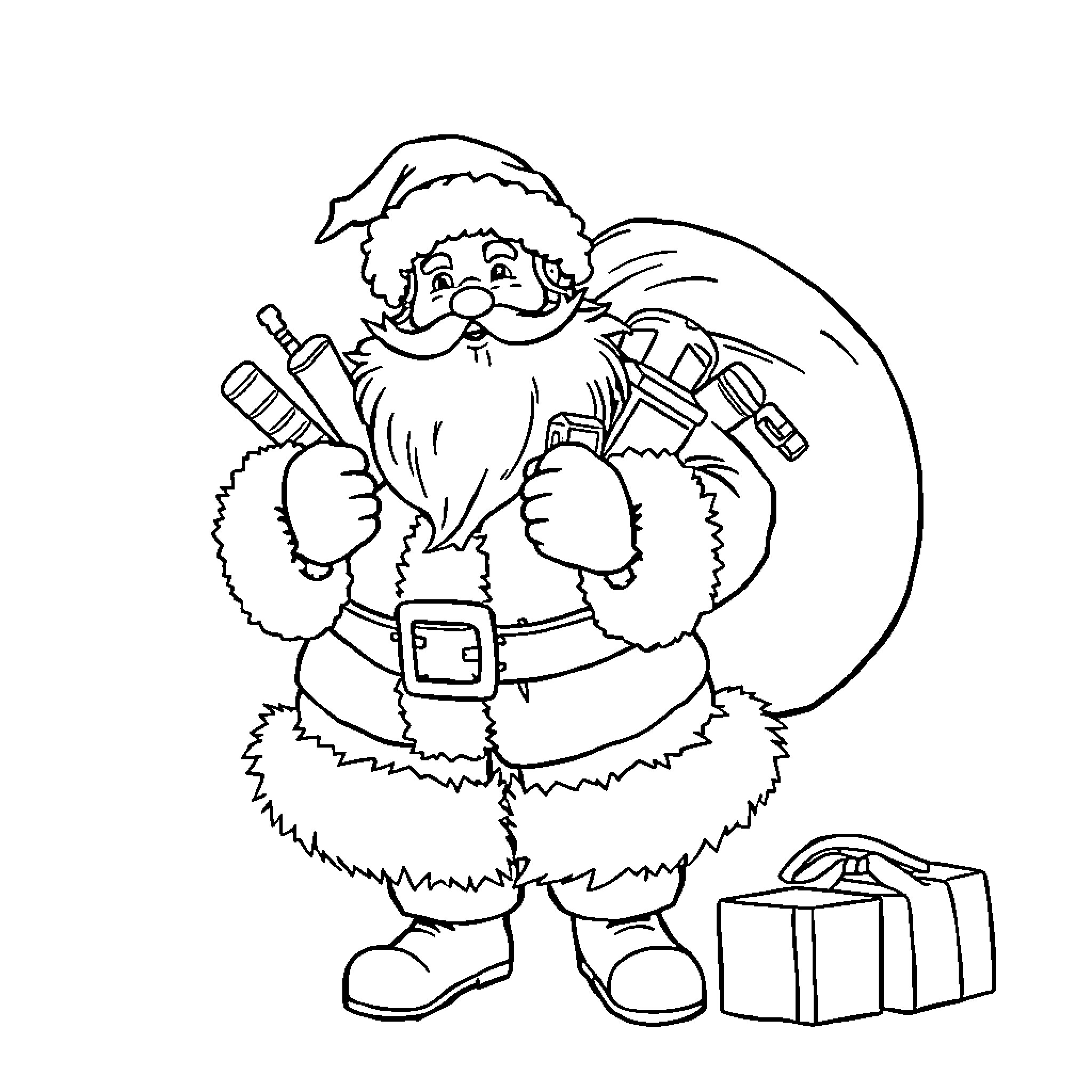 Santa delivering gifts with sack and luggage Coloring Page (free black-and-white line drawing printable PDF for all, from beginners to advanced learners, including children, teens, adults, and seniors)