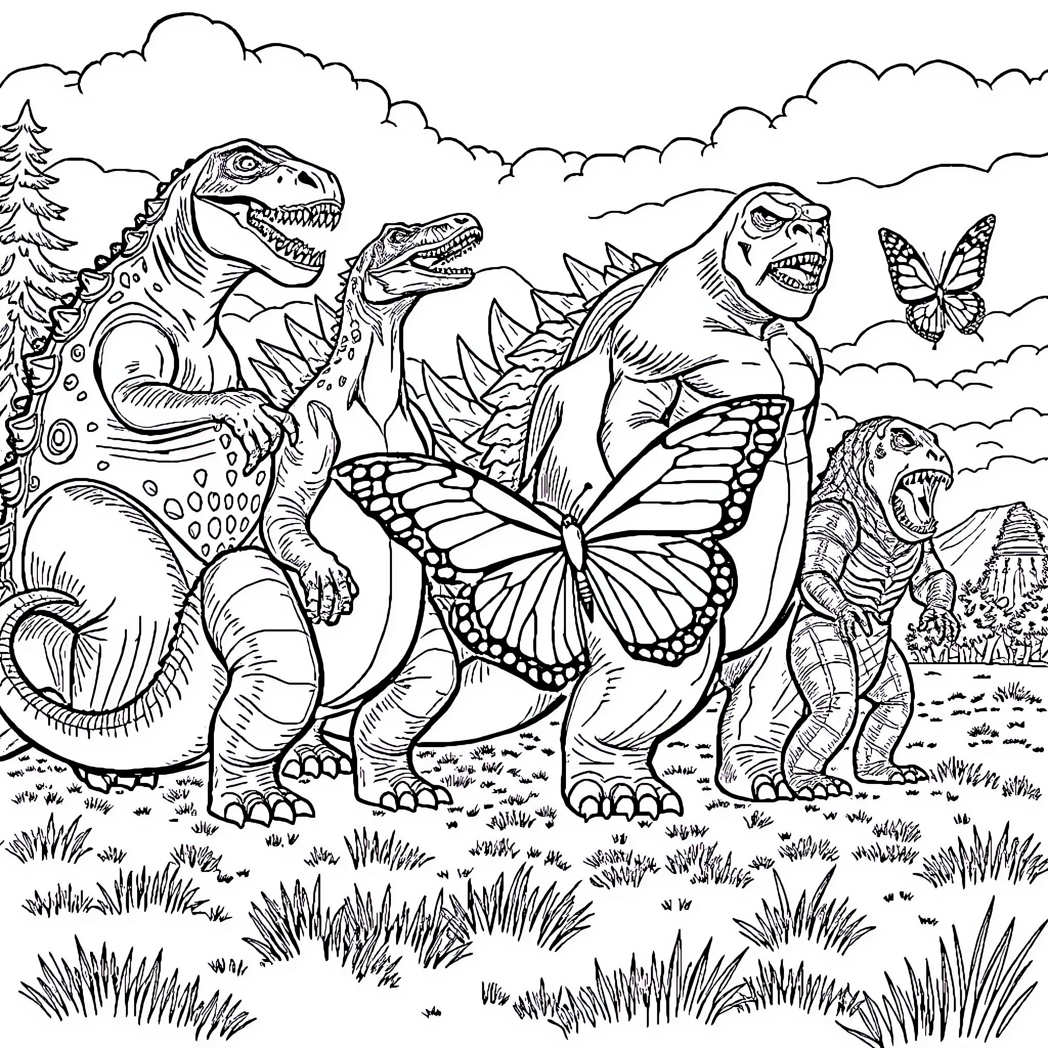 Dinosaurs in a Whimsical Landscape Coloring Page (free black-and-white line drawing printable PDF for all, from beginners to advanced learners, including children, teens, adults, and seniors)