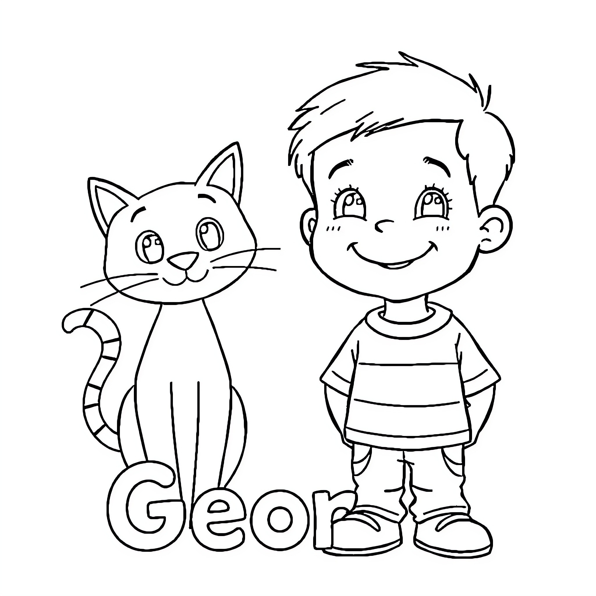 Boy and his pet cat playing together Coloring Page (free black-and-white line drawing printable PDF for all, from beginners to advanced learners, including children, teens, adults, and seniors)