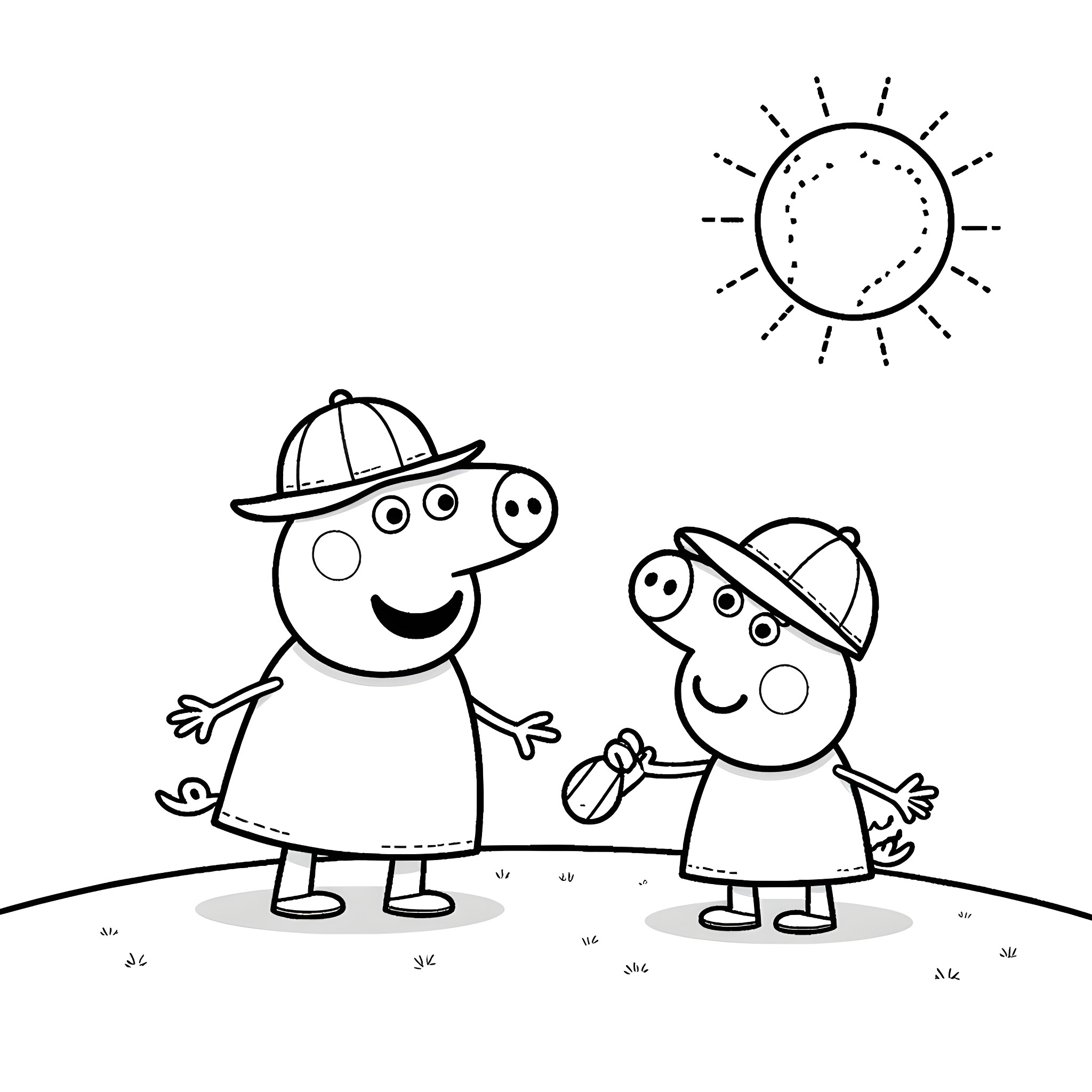 Peppa Pig and George Pig enjoying sunny day outdoors Coloring Page (free black-and-white line drawing printable PDF for all, from beginners to advanced learners, including children, teens, adults, and seniors)
