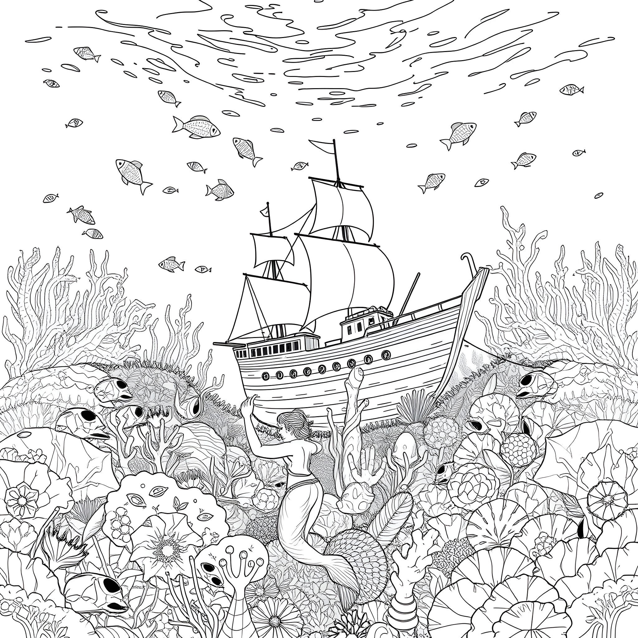 Mermaid and the Enchanted Shipwreck Coloring Page (free black-and-white line drawing printable PDF for all, from beginners to advanced learners, including children, teens, adults, and seniors)