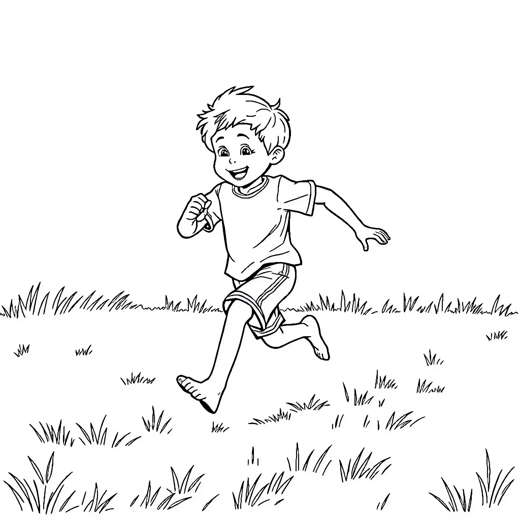 Boy running happily through grassy field Coloring Page (free black-and-white line drawing printable PDF for all, from beginners to advanced learners, including children, teens, adults, and seniors)