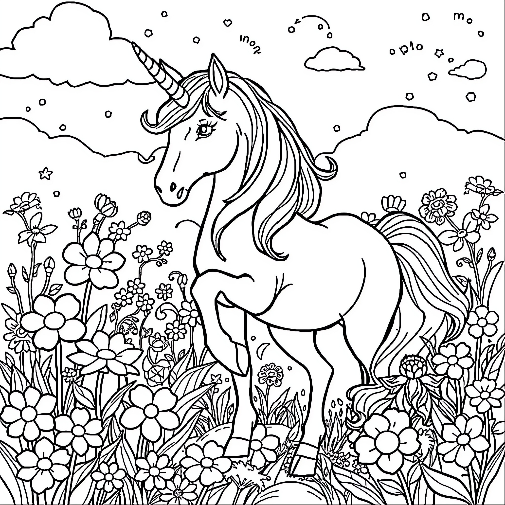 Unicorn standing amidst a field of flowers Coloring Page (free black-and-white line drawing printable PDF for all, from beginners to advanced learners, including children, teens, adults, and seniors)